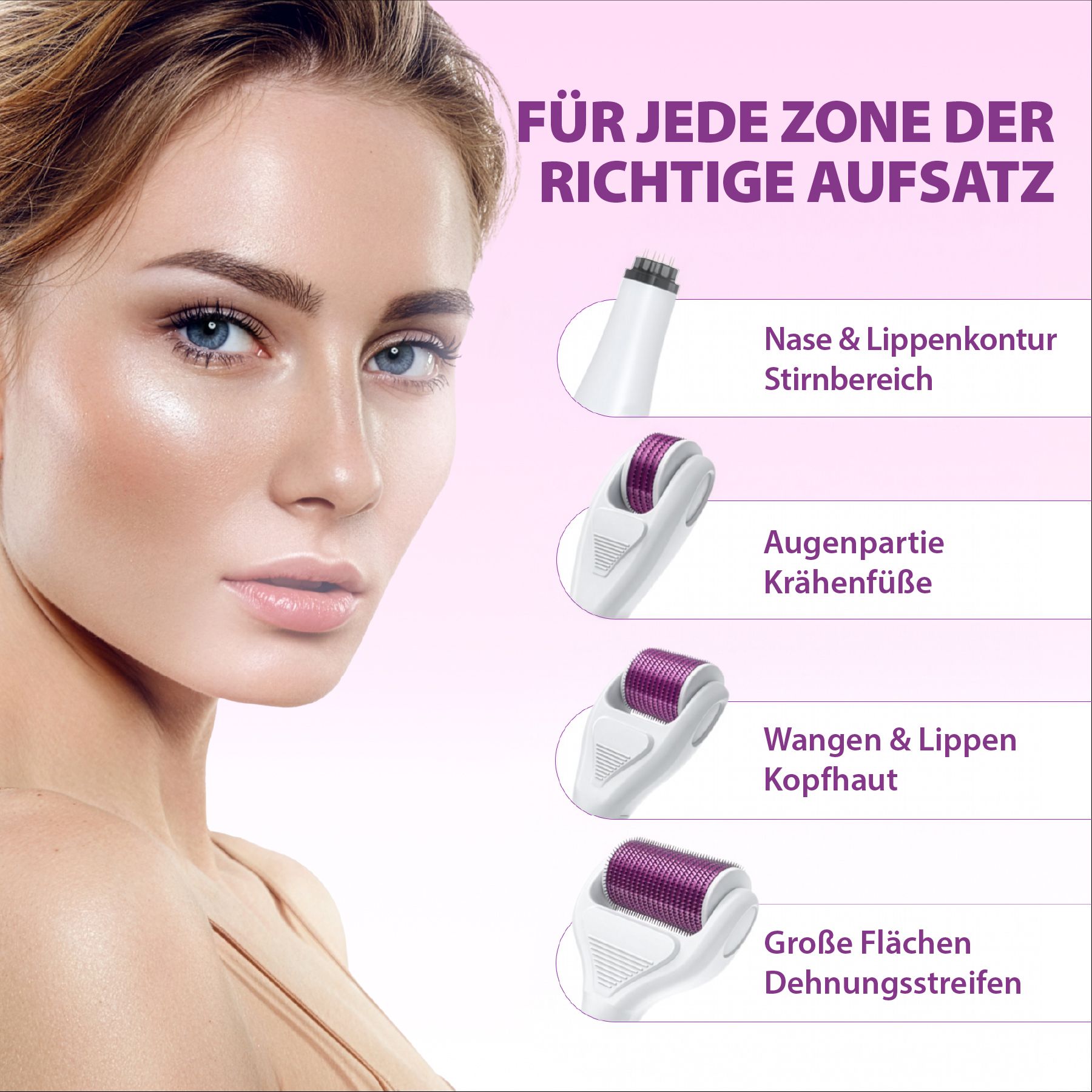 Porträt einer Frau mit hervorgehobenen Anwendungsbereichen für Dermaroller-Aufsätze. Verschiedene Aufsätze sind abgebildet.