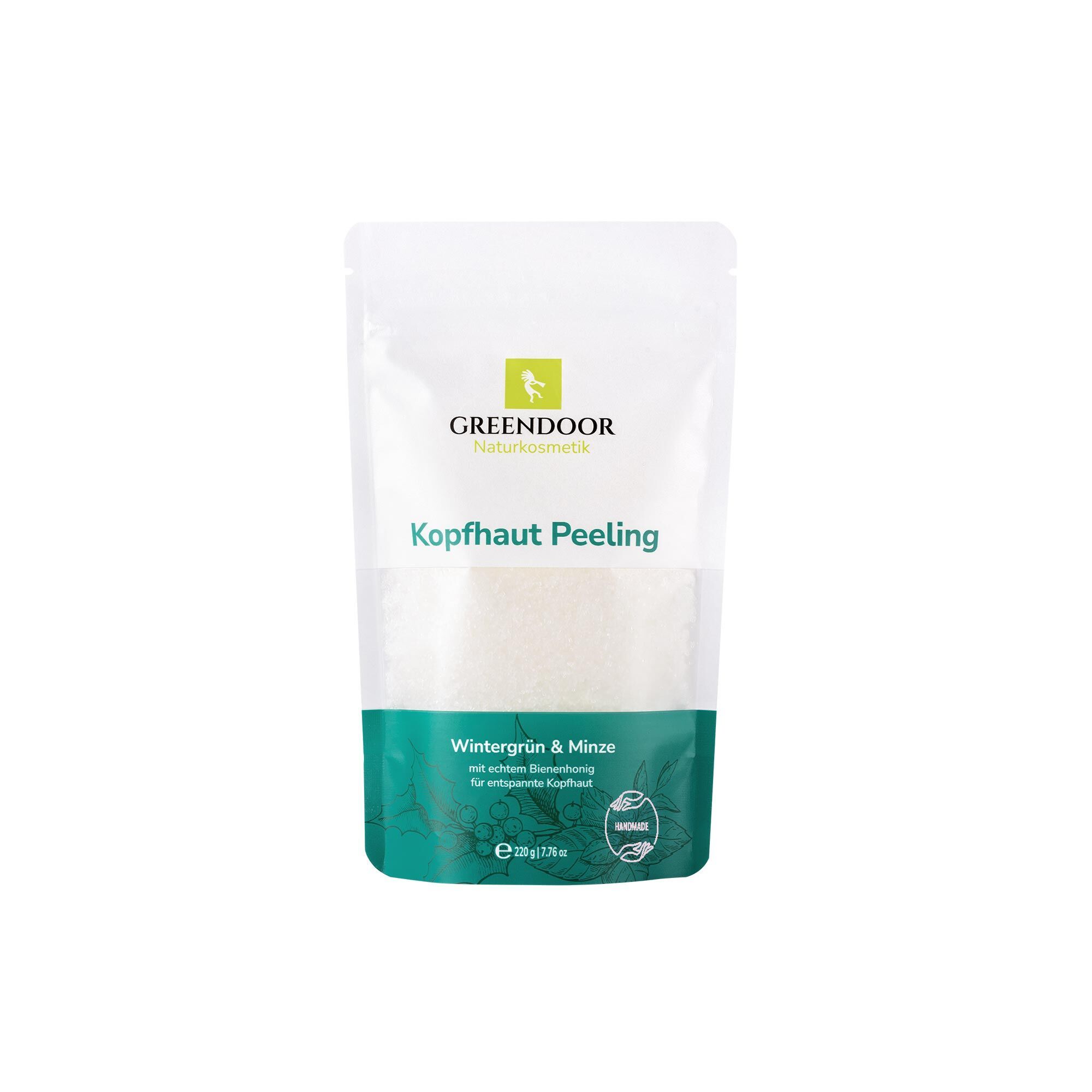 GREENDOOR Kopfhaut Peeling in einem Standbeutel mit Wintergrün & Minze.