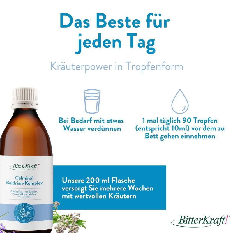 Produktflasche neben Text und Illustrationen. Text: Calmina! Baldrian-Komplex. Kräuterpower in Tropfenform. Marke: BitterKraft!