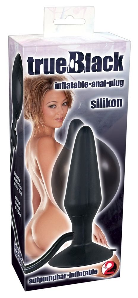 Verpackung mit schwarzem, aufblasbarem Analplug. Aufschrift: trueBlack, inflatable-anal-plug, silikon. Abbildung einer Frau.
