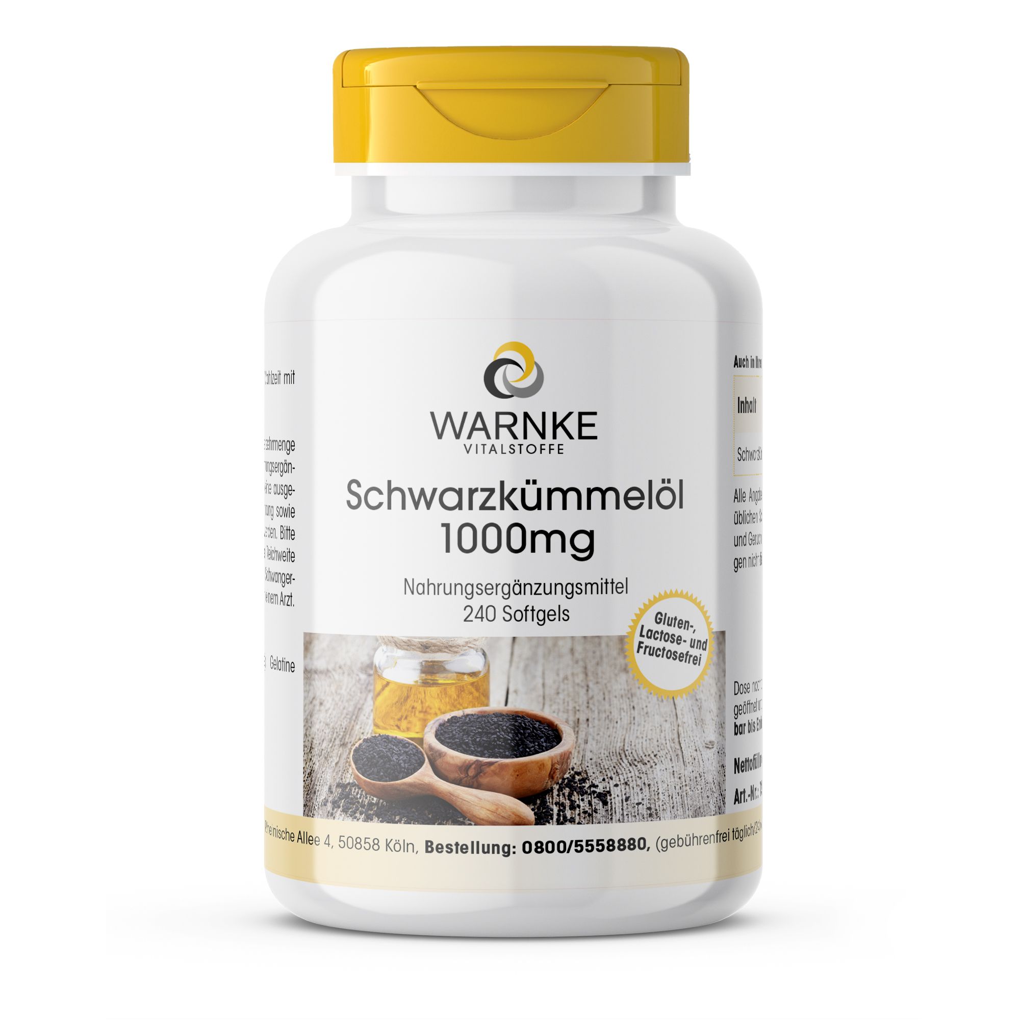 Weiße Flasche mit gelbem Deckel. Aufschrift: WARNKE, Schwarzkümmelöl 1000mg, 240 Softgels. Logo und Text.