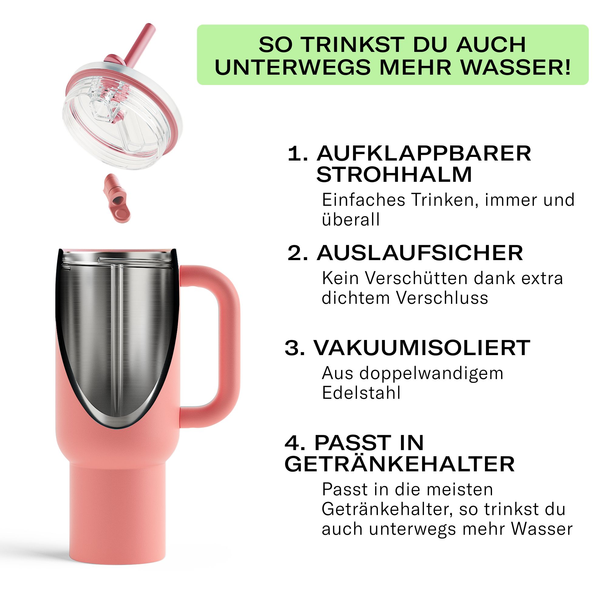 Explosionszeichnung eines Soft Pink Thermobechers XL mit Strohhalm und Deckel.