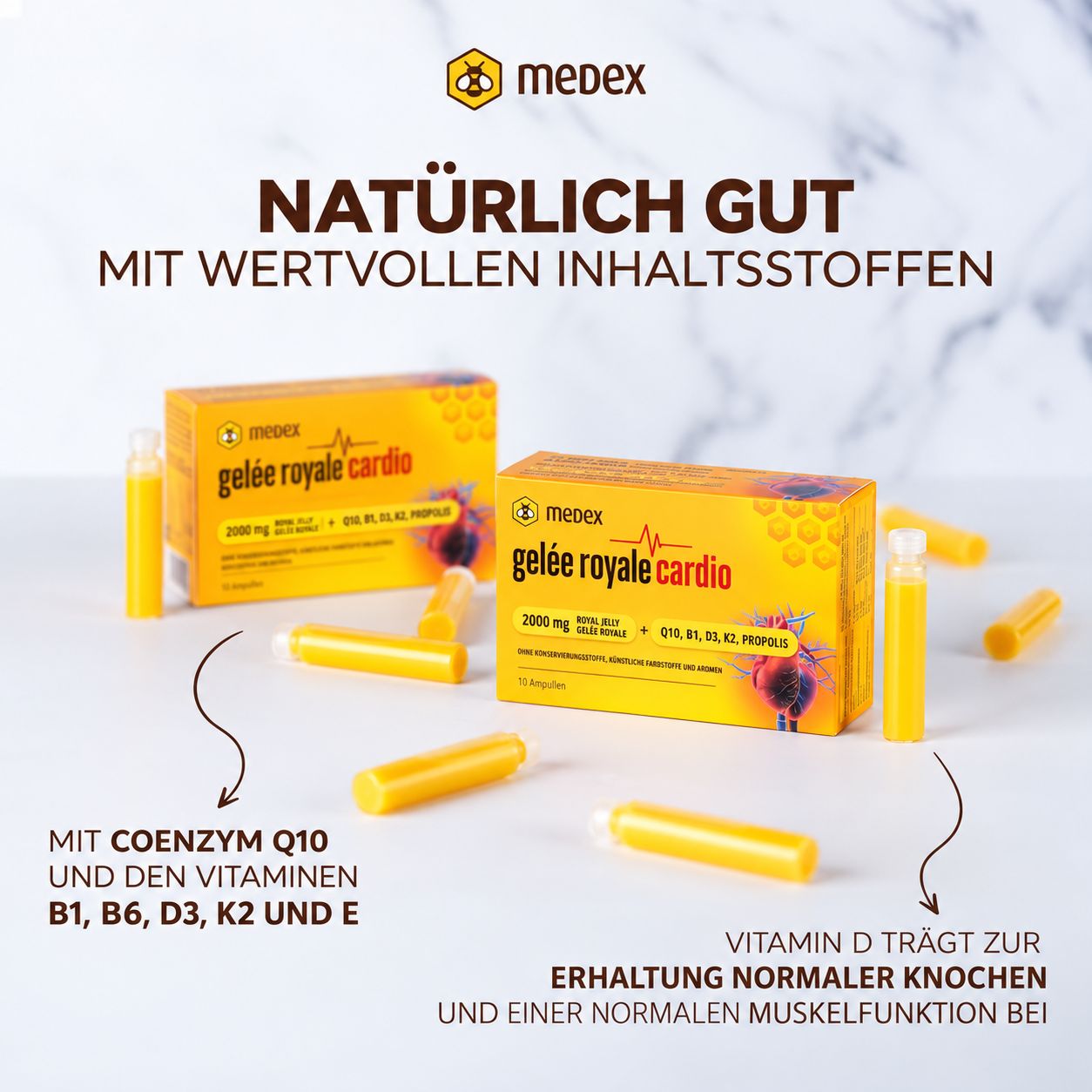 Medex Gelée Royale Cardio Ampullen: Zwei Packungen und mehrere Ampullen auf hellem Hintergrund.