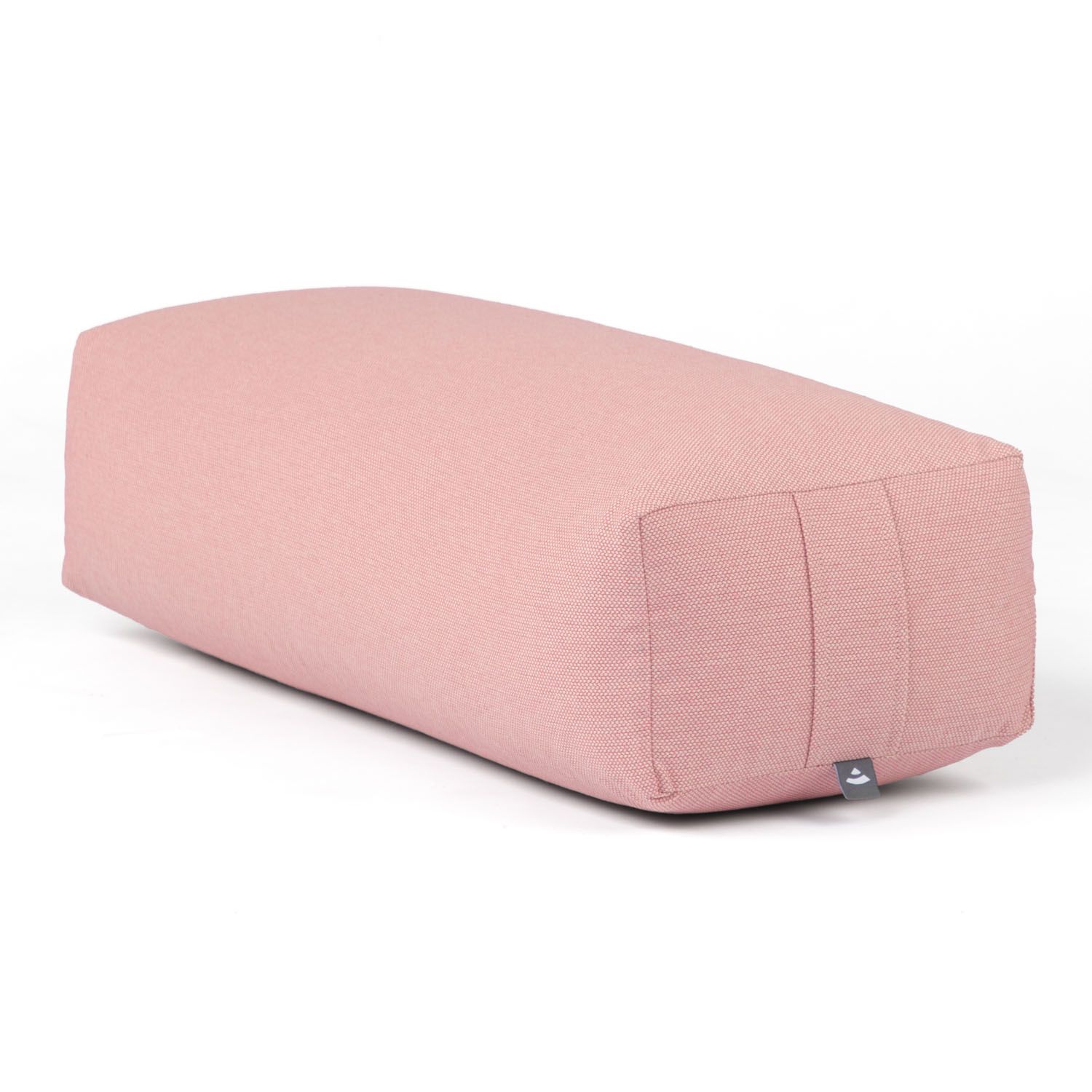 Rosa Yoga-Bolster. Dobby-Gewebe. Logo-Etikett. Eckansicht.