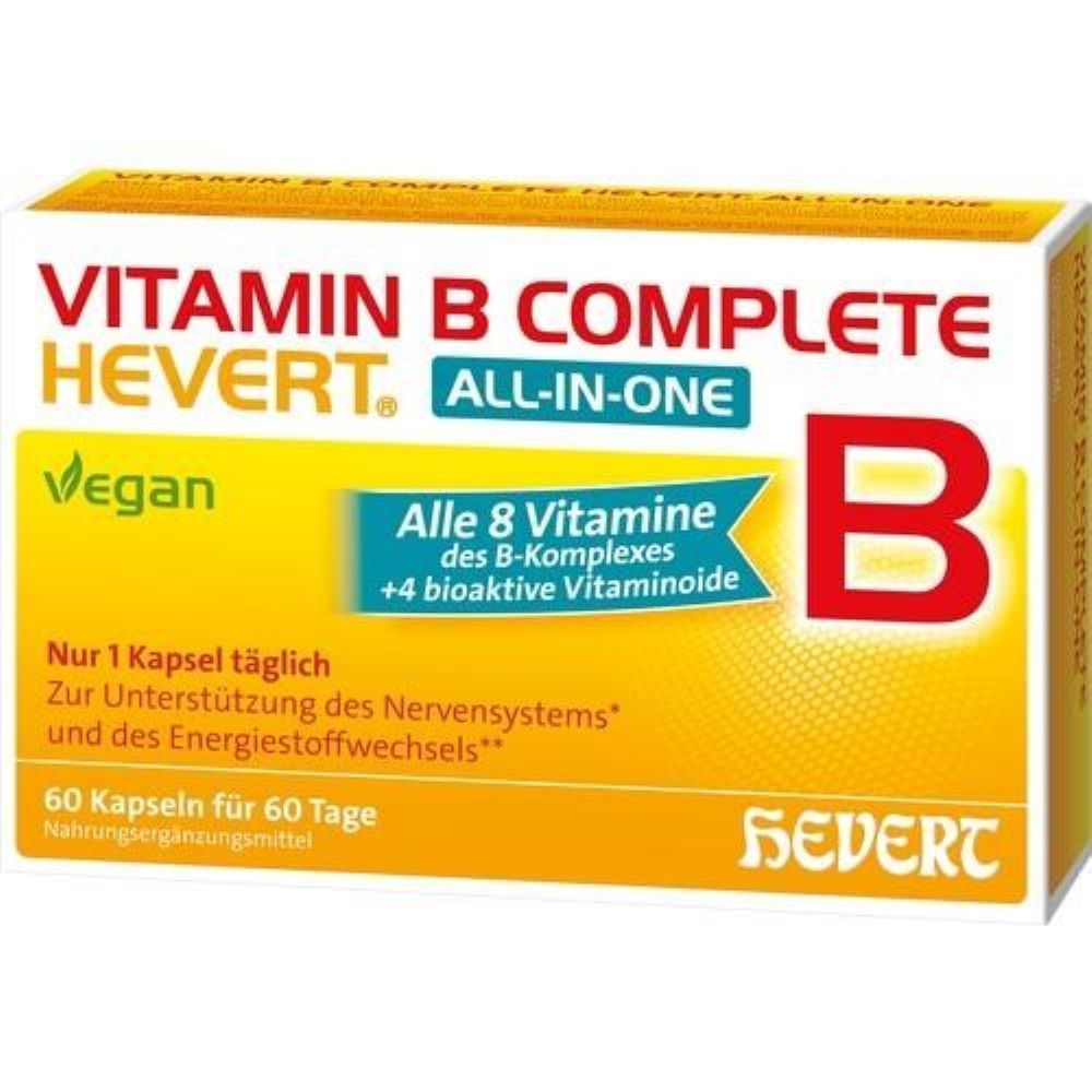 Verpackung von Vitamin B Complete Hevert. Enthält 60 Kapseln. Aufschrift: Vegan, Alle 8 Vitamine des B-Komplexes, +4 bioaktive Vitaminoide.