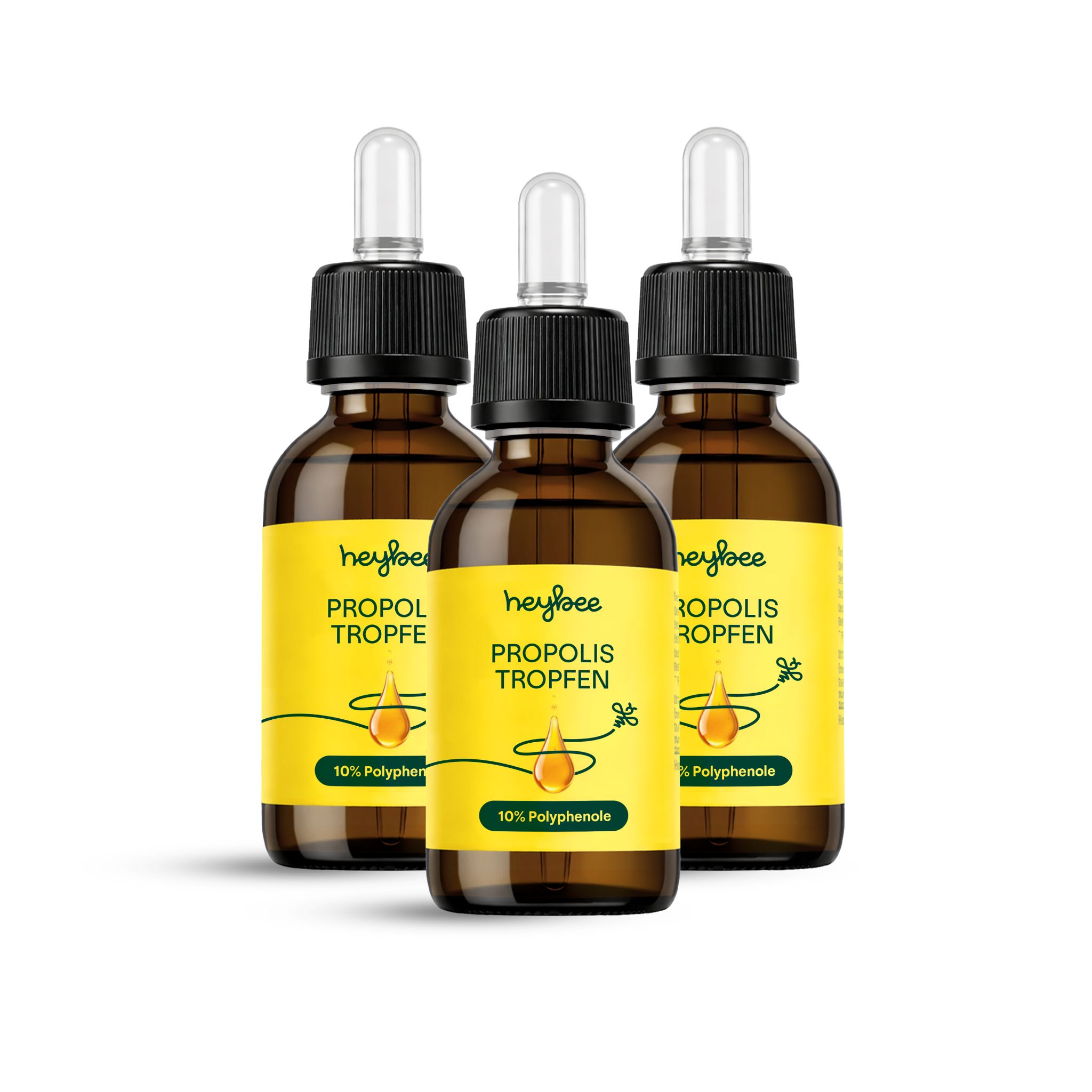 Drei braune Glasflaschen mit gelben Etiketten und Tropfern. Text: Propolis Tropfen, 10% Polyphenole.