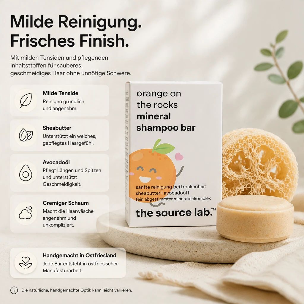 Feste Mineral Shampoo Bar 'orange on the rocks' mit sanfter Reinigung und frischem Finish.