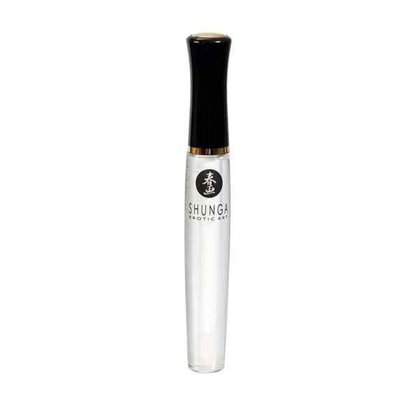 Transparenter Lipgloss-Behälter mit schwarzem Deckel und goldenem Ring. Logo und Schriftzug "SHUNGA EROTIC ART".