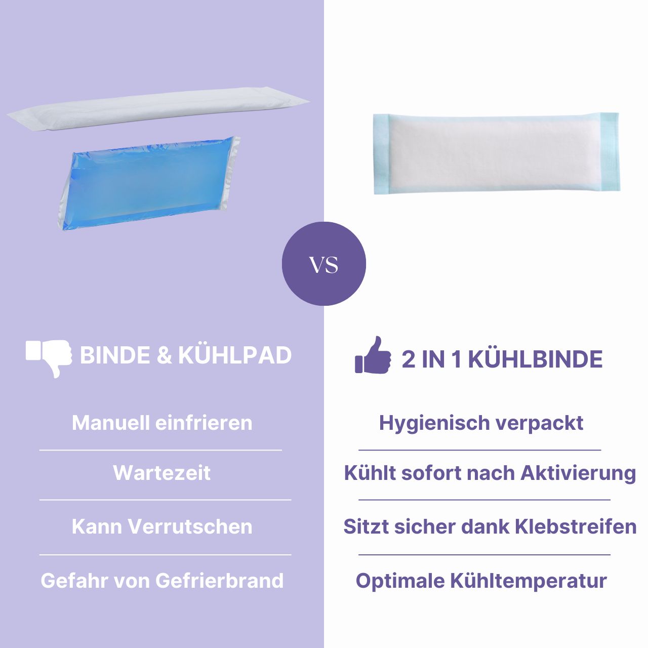 Vergleich: Kühlbinde vs. Kühlpad. Kühlbinde: 2 in 1, hygienisch verpackt, kühlt sofort, sicherer Halt.