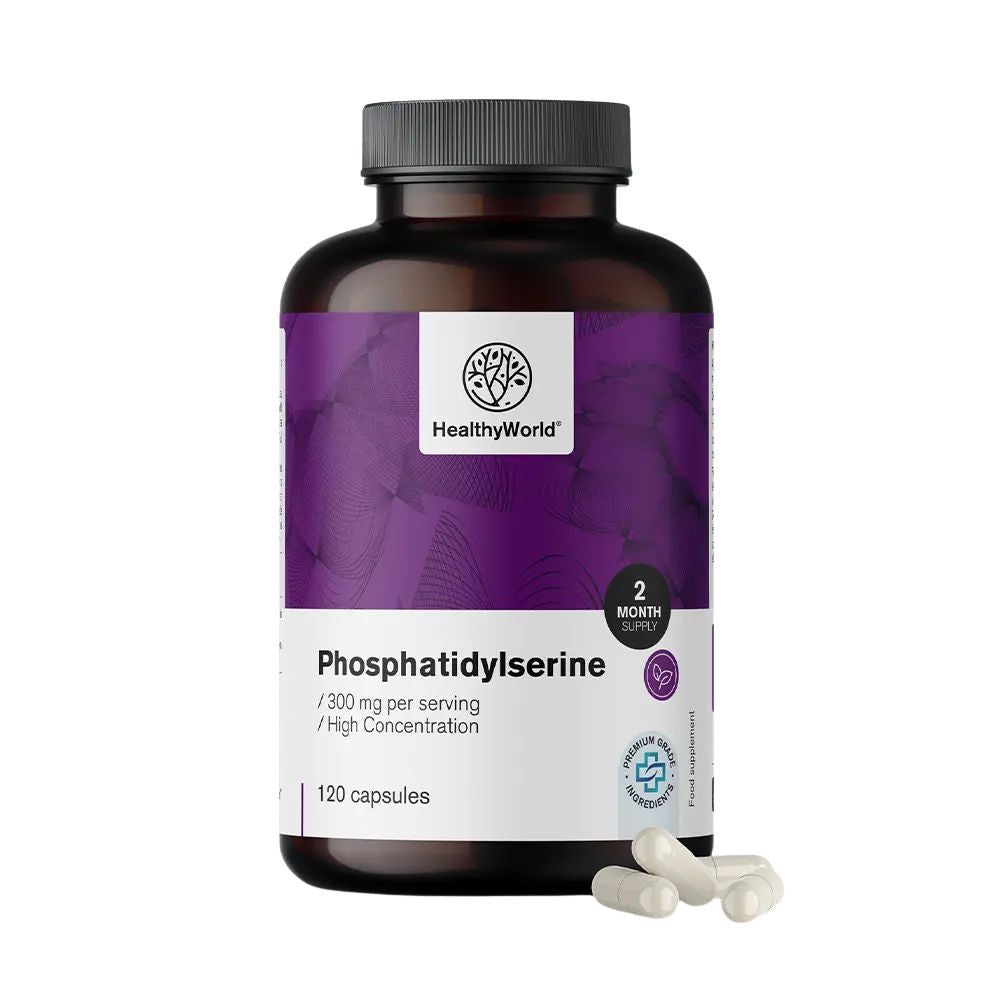 Braune Flasche mit lila Etikett. Aufschrift: Phosphatidylserin, 120 Kapseln. Einige Kapseln liegen daneben. Siegel.