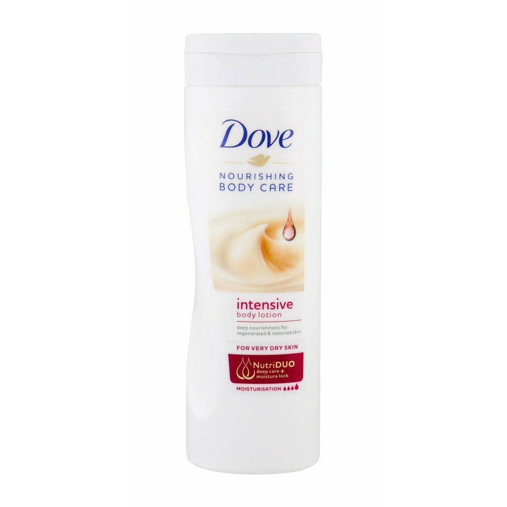 Weiße Flasche mit Dove-Logo und Text. Aufschrift: Nourishing Body Care, intensive body lotion. Für sehr trockene Haut.