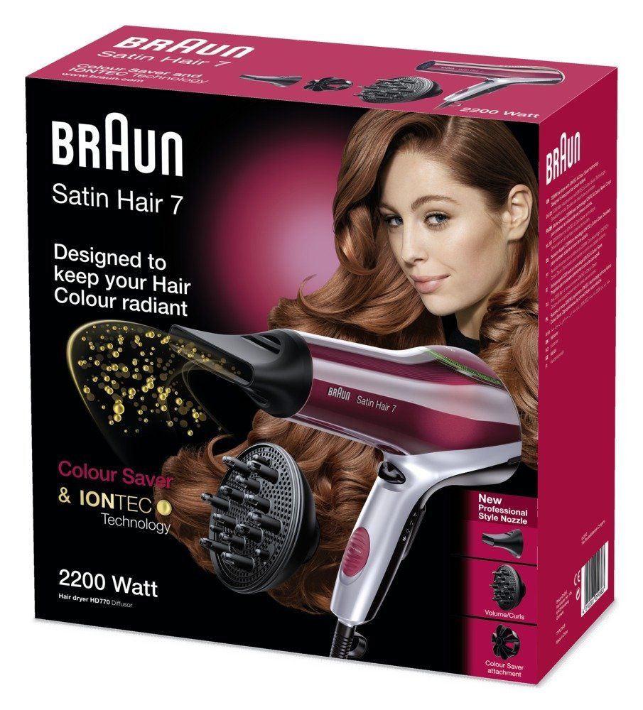 Verpackung Braun Satin Hair 7. Haartrockner, Diffusor, Frau mit Haaren. Text: Color Saver, IONTEC, 2200 Watt.