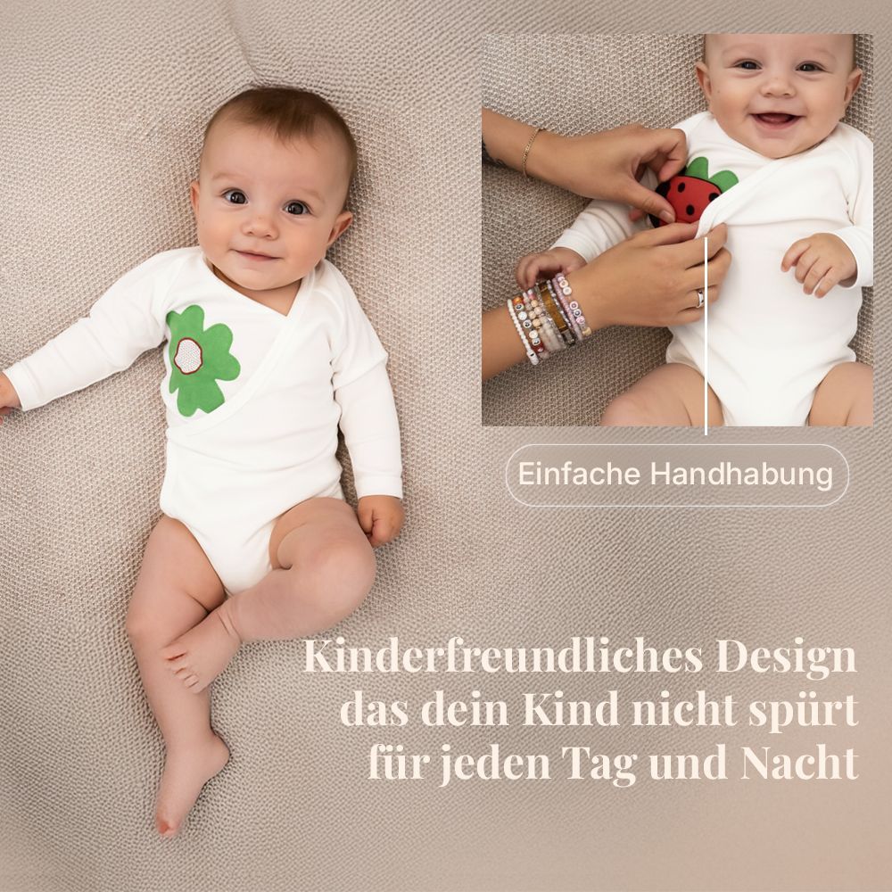 Baby in weißem Body mit grüner Blume. Marienkäfer-Applikation wird angebracht. Text: Einfache Handhabung.