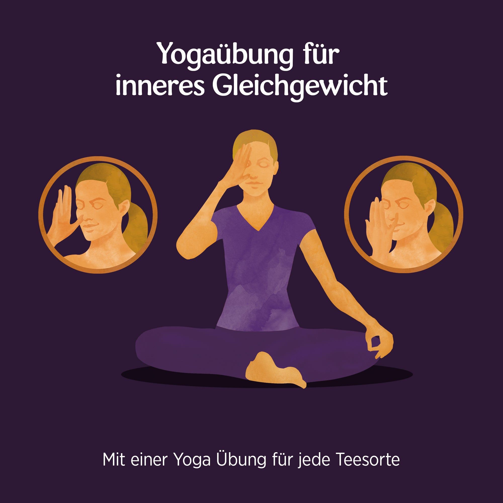 Illustration einer Person, die Yoga praktiziert. Zwei Kreise mit Gesichtern. Text: Yogaübung für inneres Gleichgewicht.