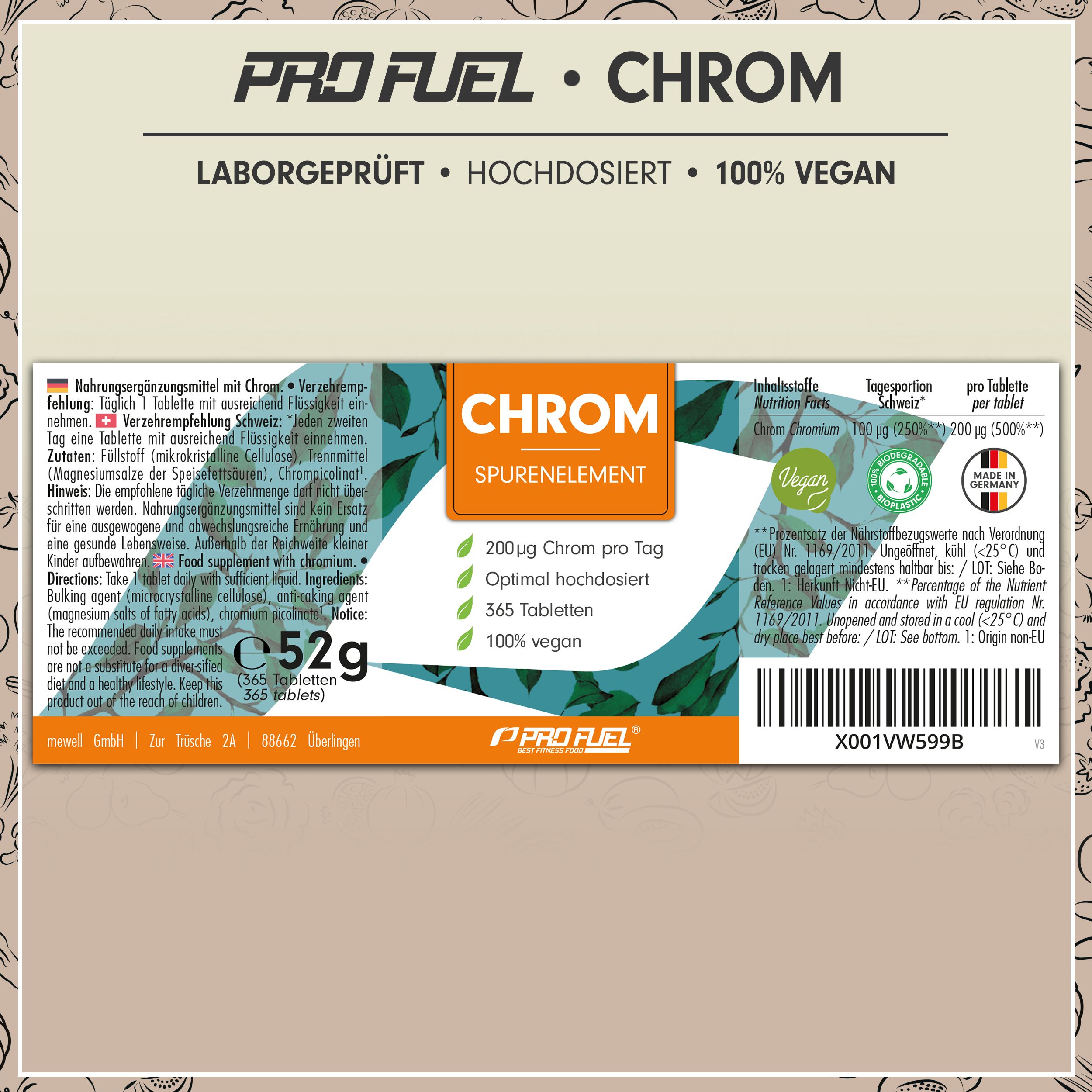 Etikett einer Flasche Chrom-Tabletten. Enthält Informationen zu Inhaltsstoffen, Dosierung und Hersteller. 52g.