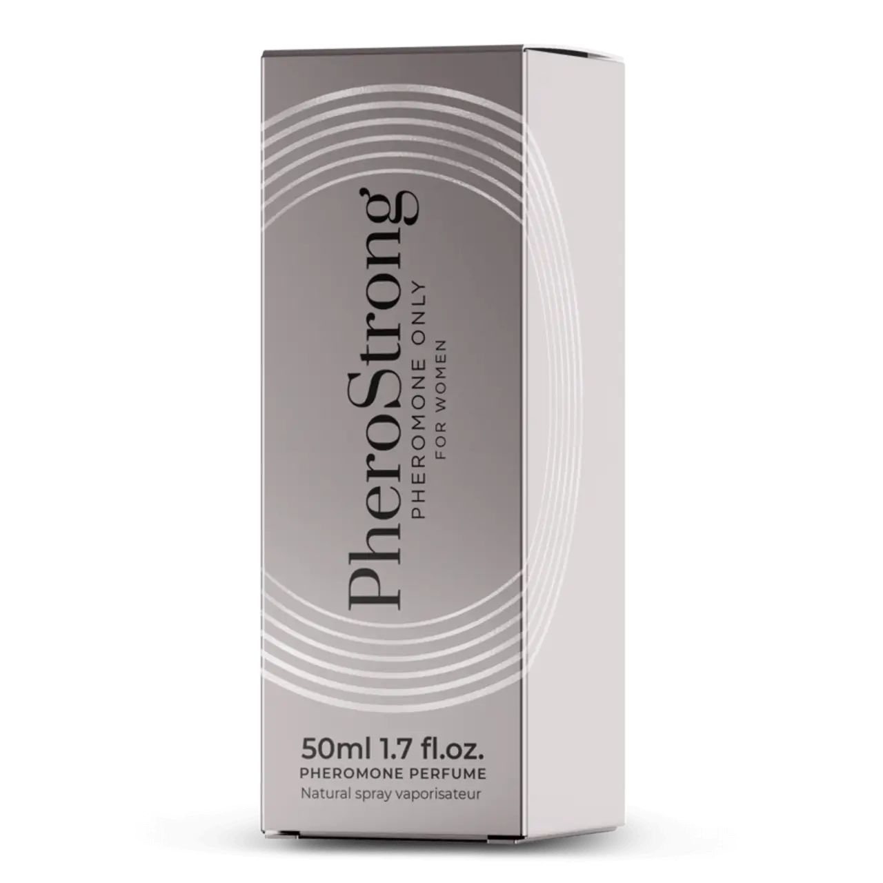 Graue rechteckige Verpackung. Aufschrift: PheroStrong, 50ml, Natural spray vaporisateur.