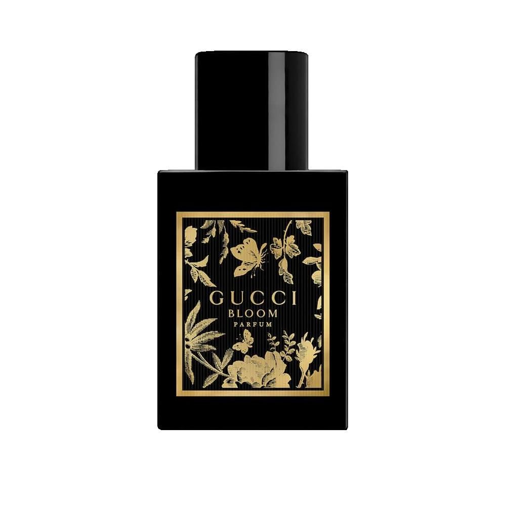 Schwarzer Flakon mit goldenem Etikett. Aufschrift: Gucci Bloom Parfum. Quadratische Form mit schwarzem Verschluss.