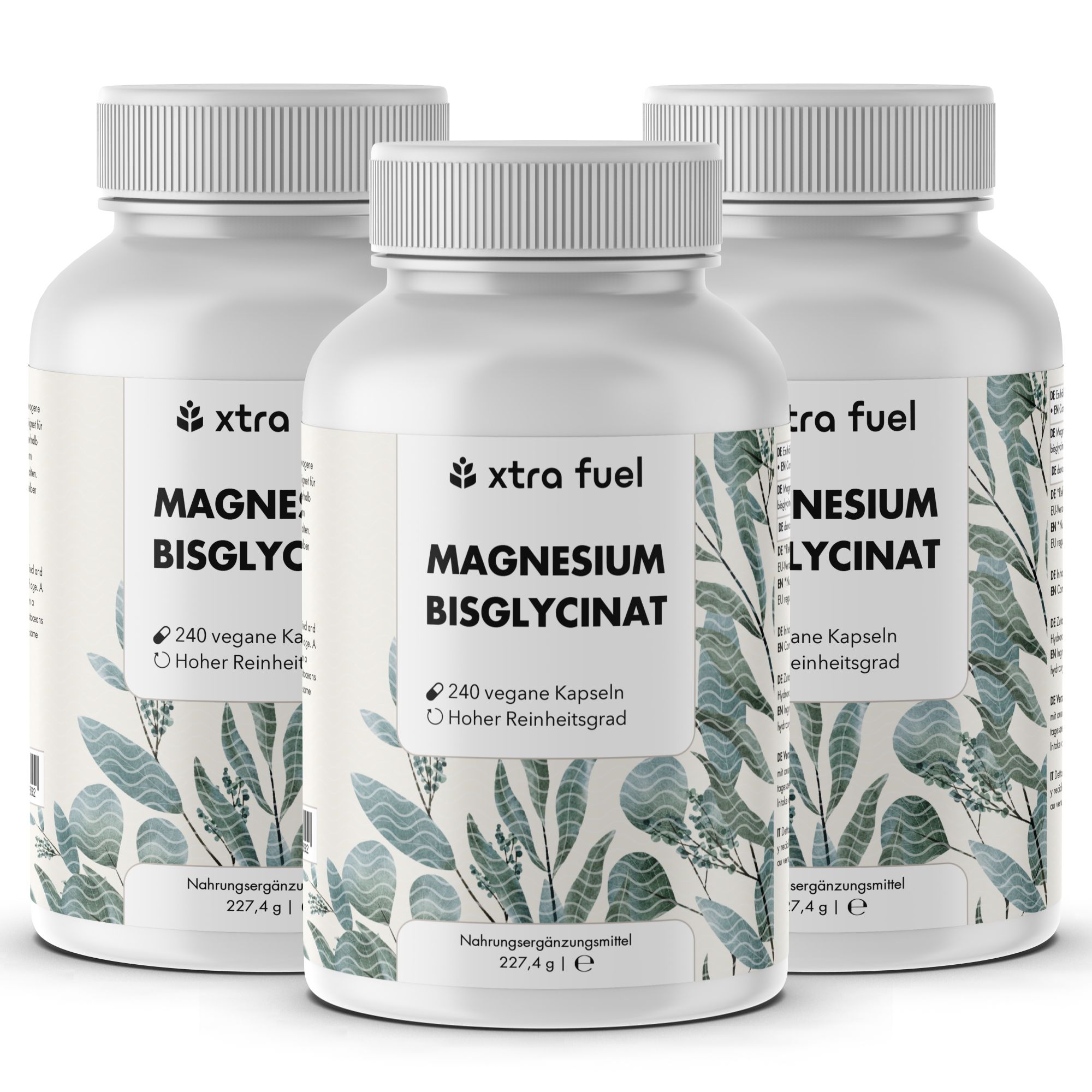 Drei weiße Flaschen mit Kapseln. Aufschrift: Xtra Fuel Magnesium Bisglycinat. 240 vegane Kapseln.