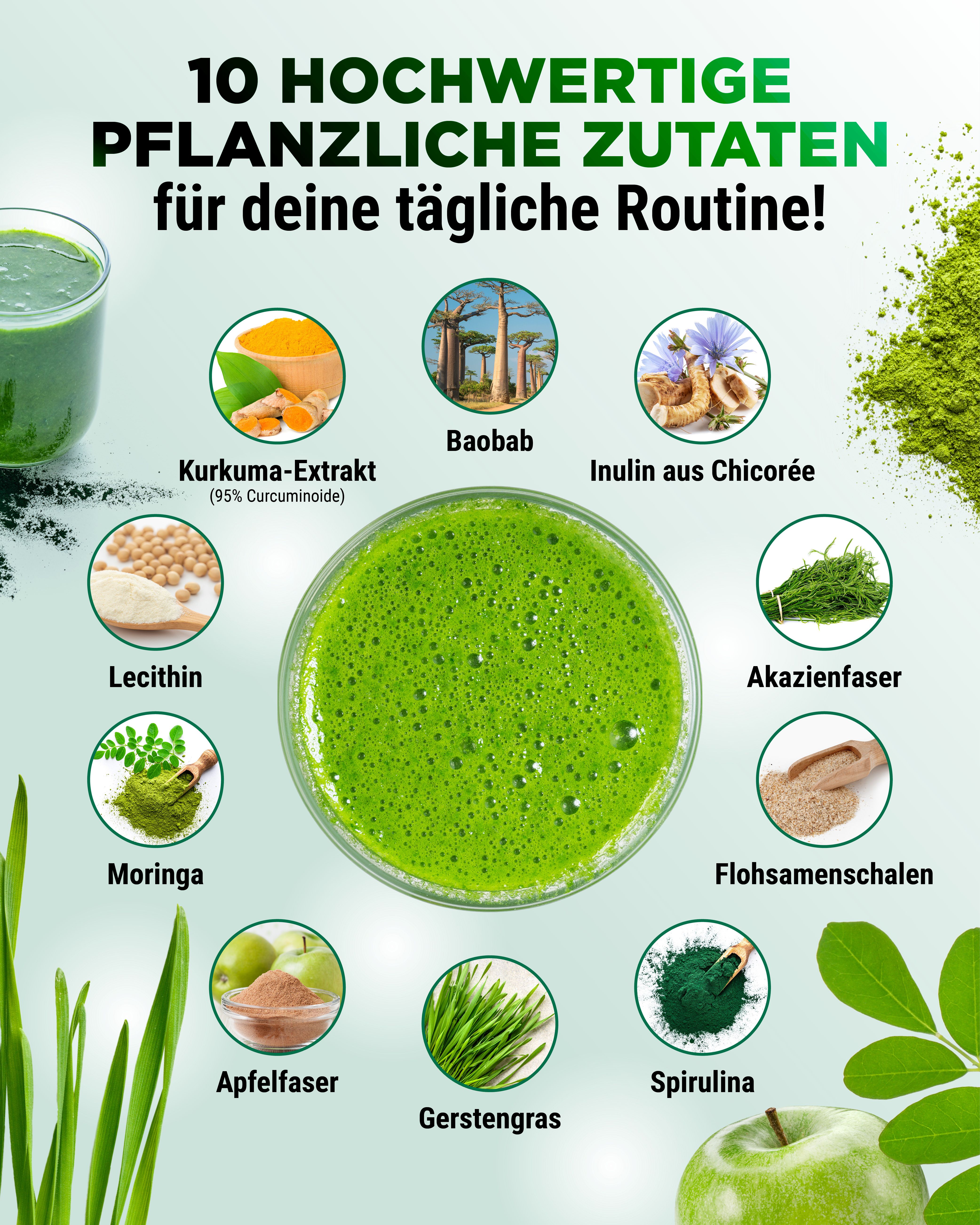 Kreisförmige Anordnung von Zutaten. Text: "10 hochwertige pflanzliche Zutaten". Glas mit grünem Getränk, Apfel, Zutaten-Illustrationen.