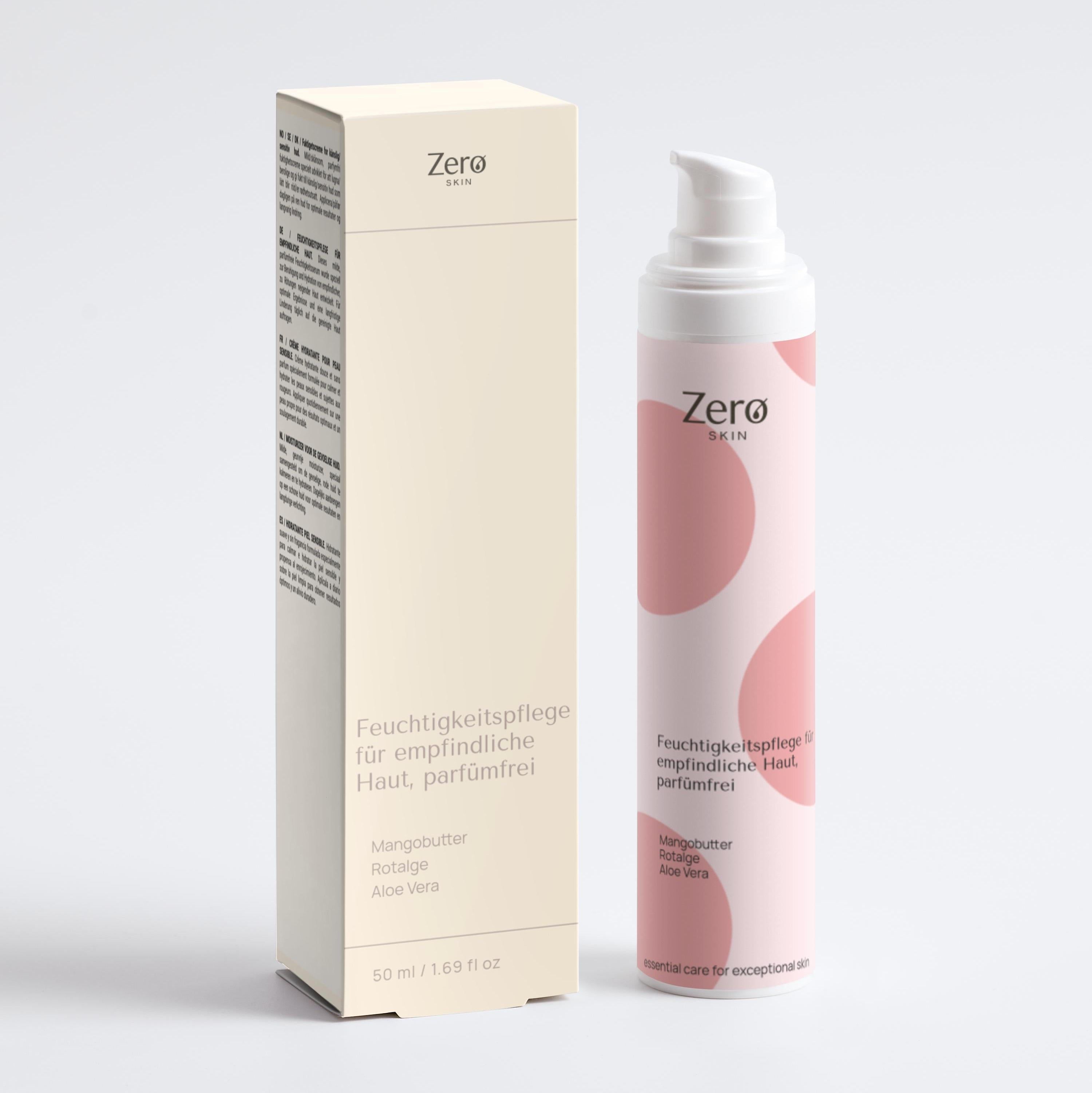 Produktverpackung mit Flasche. Flasche: Zero Skin, Feuchtigkeitspflege. Karton: Text, 50 ml, parfümfrei.