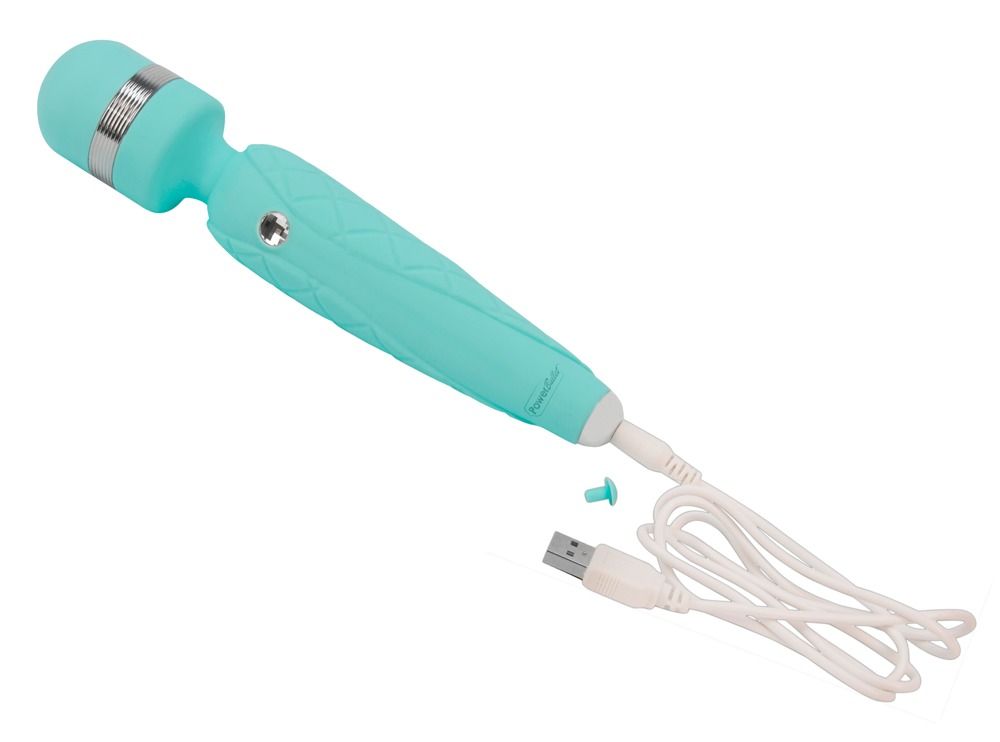 Türkiser Vibrationsstab 'Cheeky' mit USB-Ladekabel und Schutzkappe.