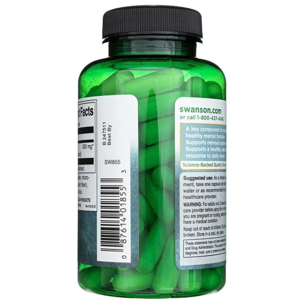 Transparente grüne Flasche mit L-Tyrosin Kapseln, Etikett mit Anwendungshinweisen.