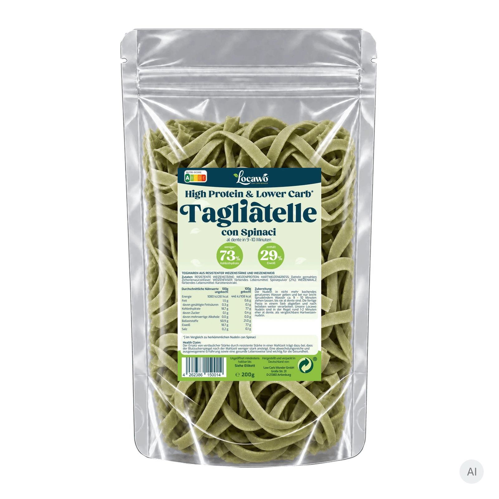 Packung Locawo High Protein & Lower Carb Tagliatelle con Spinaci. Enthält Nährwertangaben.