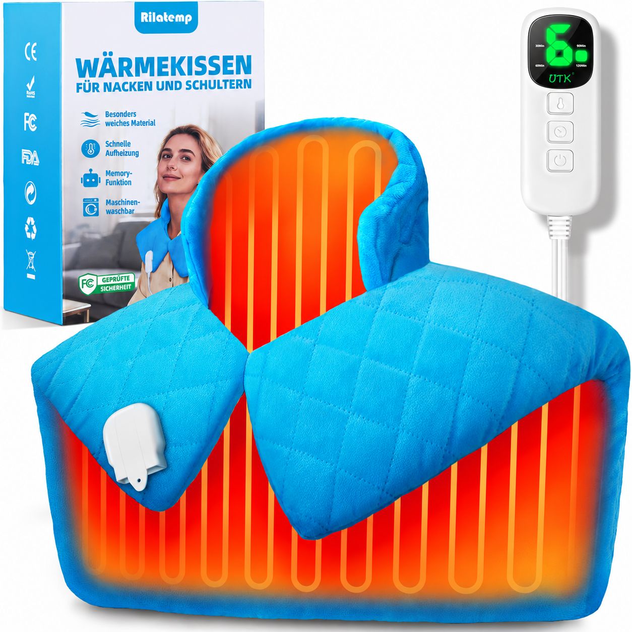 Vier Anwendungsszenarien für ein blaues Heizkissen: Bauch, Nacken/Schultern, Rücken, Oberschenkel.