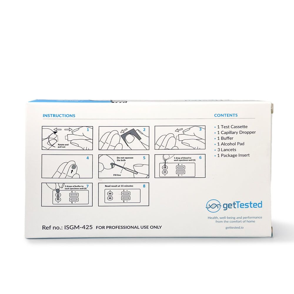 Rückseite der GetTested Herpes-Test-Packung. Zeigt Anweisungen und Inhalt: Testkassette, Tropfer, Puffer, Alkoholtupfer, Lanzetten, Beipackzettel.