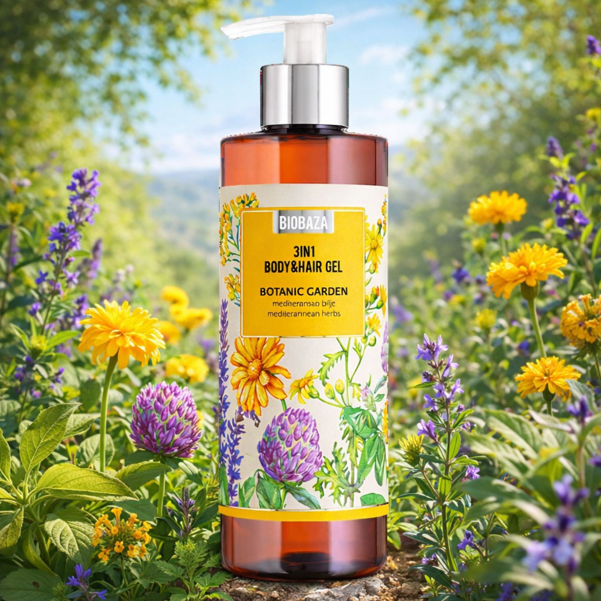 Braune Flasche mit Etikett. Aufschrift: Biobaza 3in1 Body&Hair Gel Botanic Garden. Umgeben von Blumen.