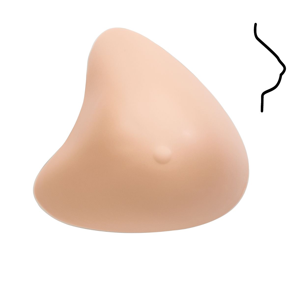 Asymmetrische Brustprothese, hautfarben. Mit Brustwarzen-Imitation. Profilzeichnung.