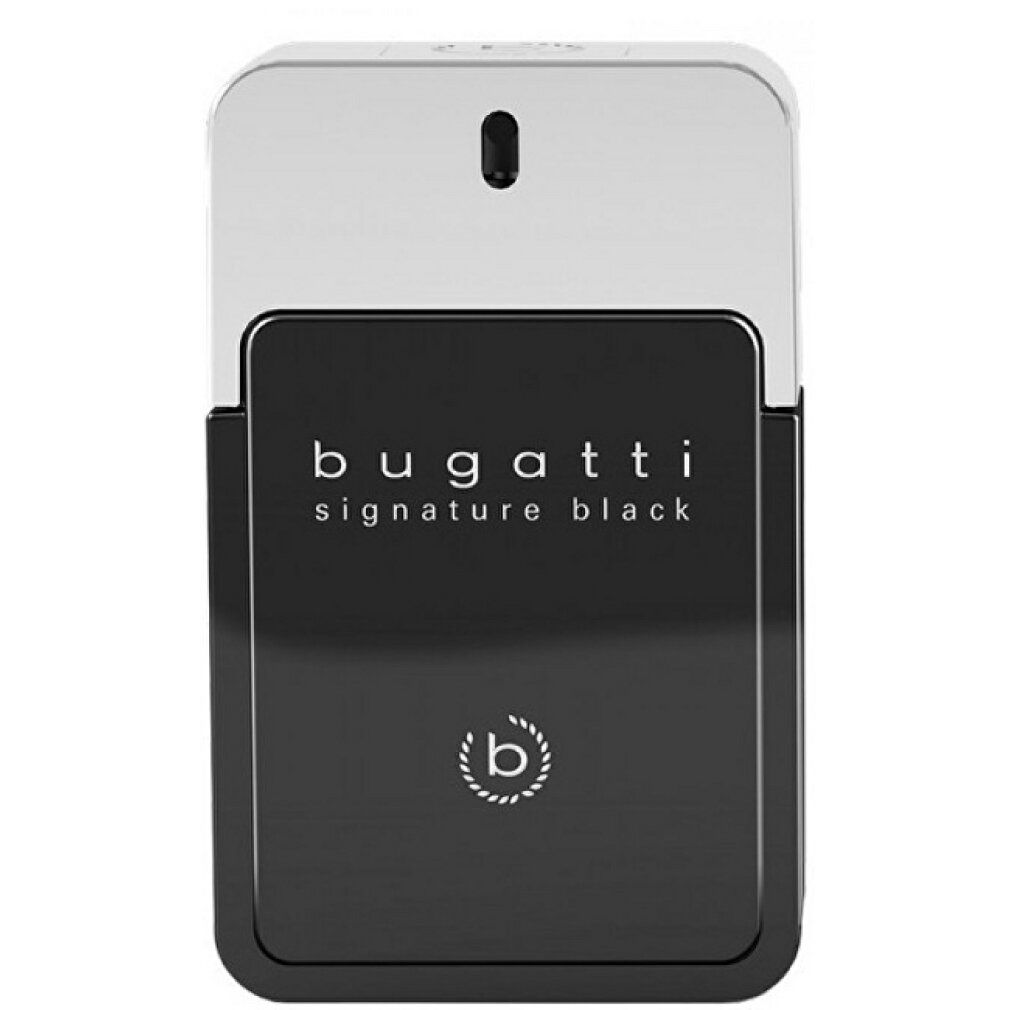 Schwarzer Flakon mit silberner Kappe. Aufschrift: Bugatti Signature Black. Rechteckige Form. Logo.