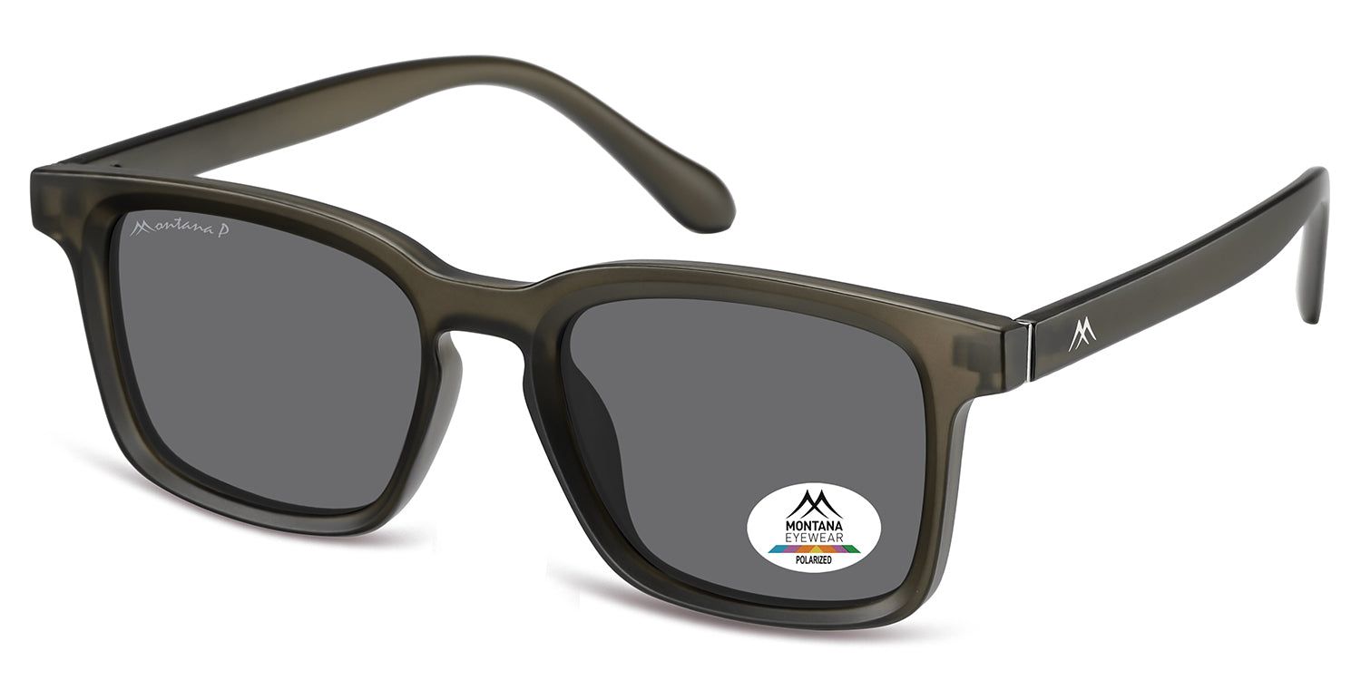 Sonnenbrille mit quadratischen Gläsern und grauem Rahmen. Montana Eyewear Logo auf dem Bügel und Glas. Polarisierte Gläser.