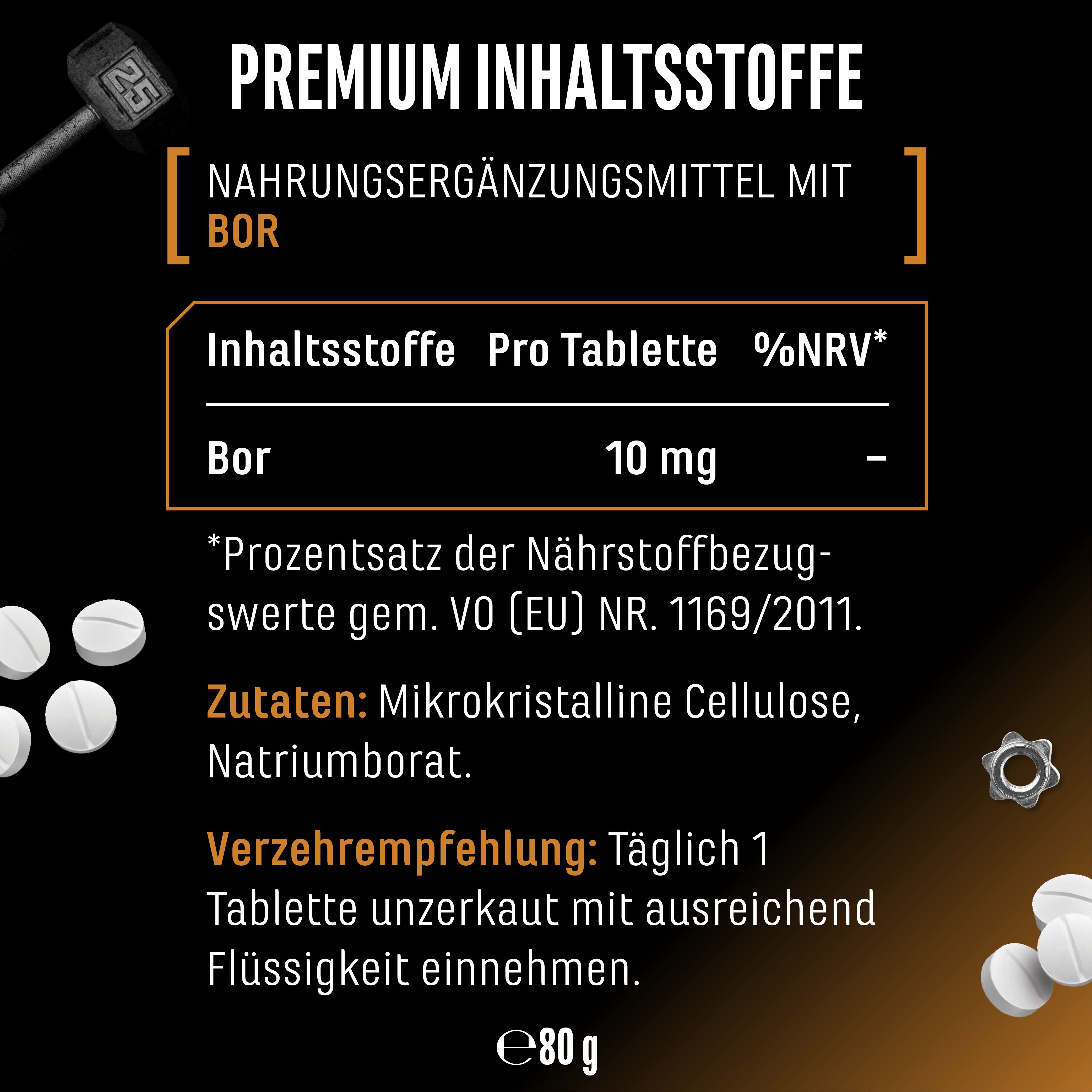Text: Premium Inhaltsstoffe. Nährwertangaben pro Tablette: Bor, 10 mg. Zutaten: Mikrokristalline Cellulose, Natriumborat. Verzehrempfehlung: 1 Tablette.