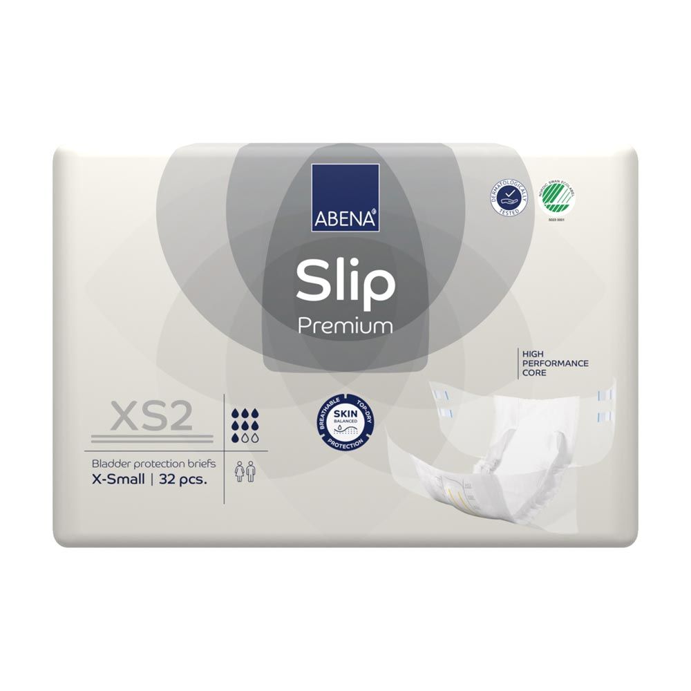 Abena Slip Premium XS2. Weiße Inkontinenz-Slips in Verpackung. Mit Logo, Zertifizierungen und Produktbezeichnung.