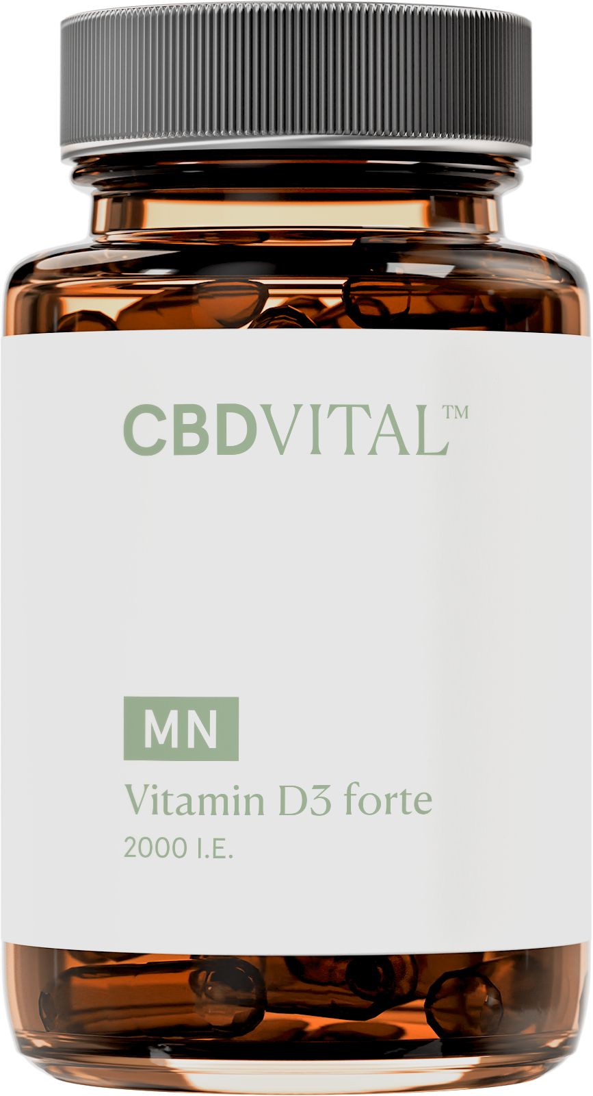 CBD VITAL Vitamin D3 forte Kapseln in Braunglasflasche mit grauem Schraubverschluss.