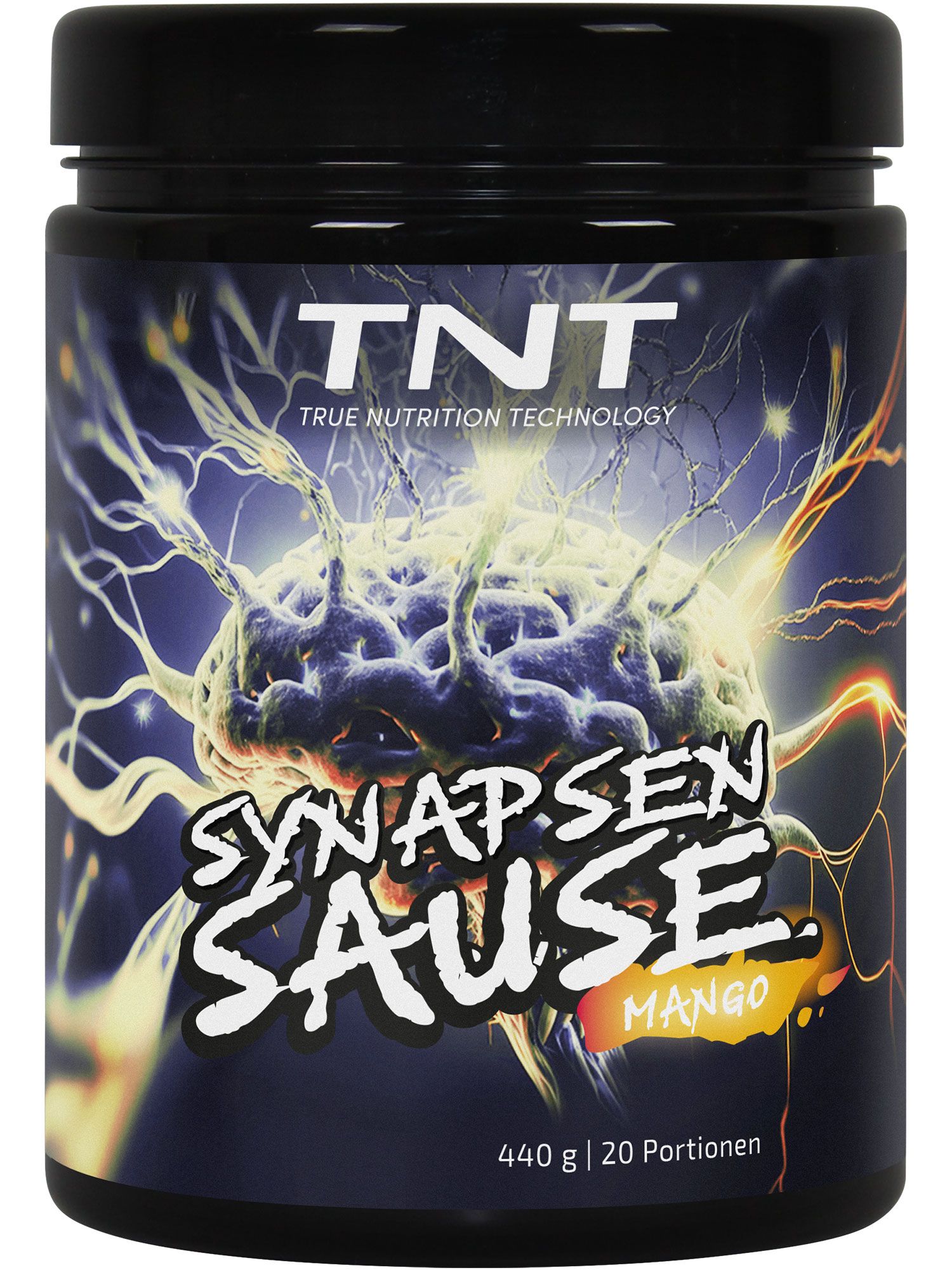 Schwarzes Produktglas "Synapsen Sause" mit Mango-Geschmack. TNT-Logo. 440g, 20 Portionen. Abbildung eines Gehirns.