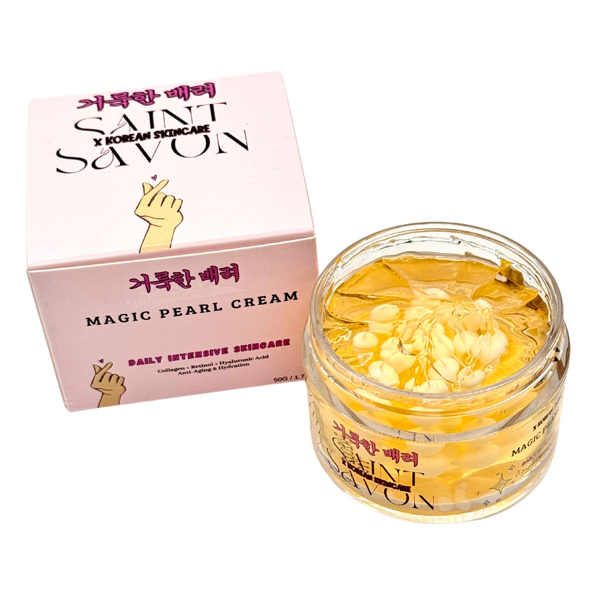 Creme in Glas mit Deckel und Karton. Aufschrift: SAINT SAVON, MAGIC PEARL CREAM. Koreanische Hautpflege. Weiße Perlen in Creme.