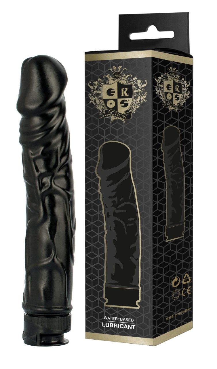 Schwarzer Dildo neben Verpackung von Eros Gleitmittel. Schwarze Schachtel mit Produktabbildung und Logo.