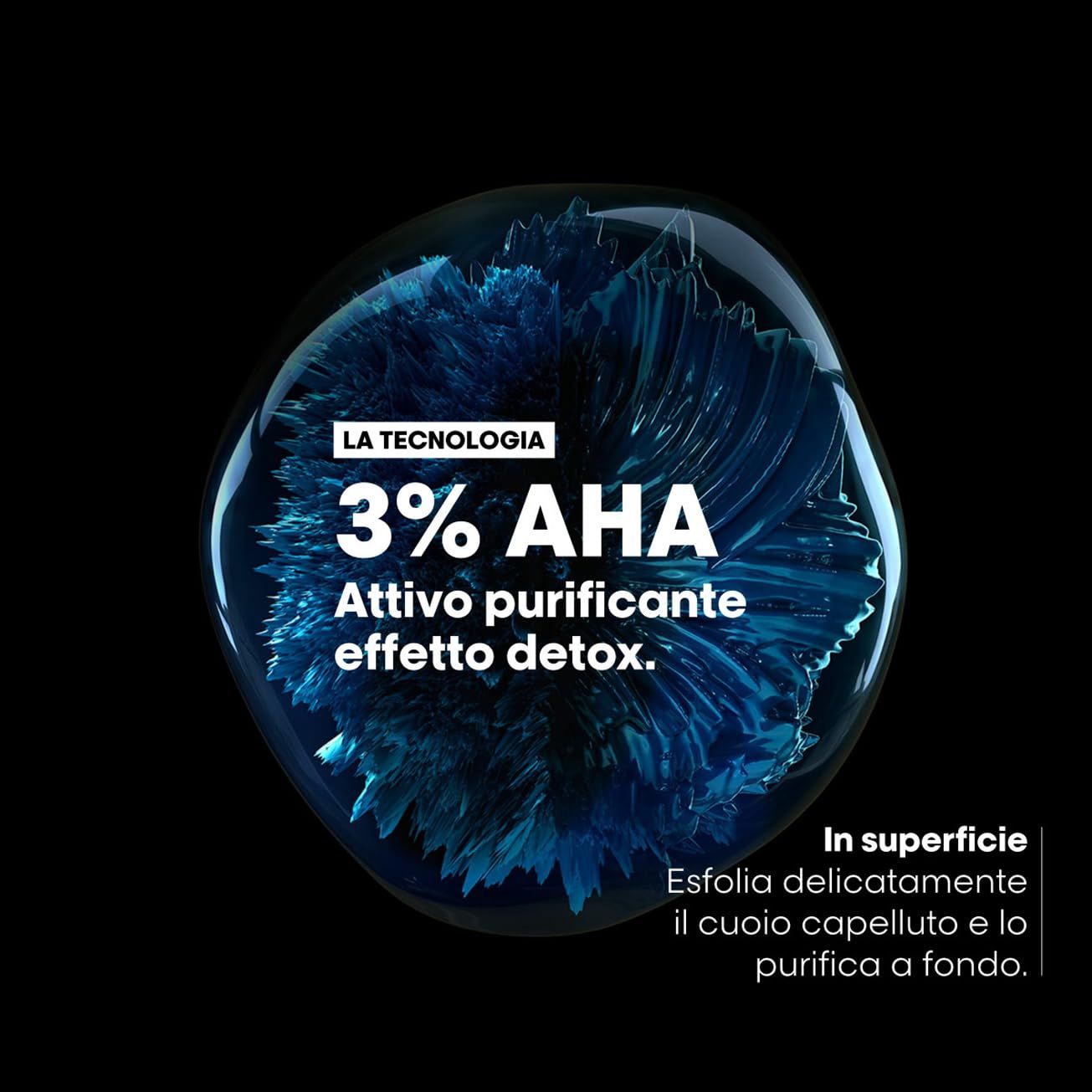 Abstrakte Darstellung von 3% AHA. Text: Attivo purificante effetto detox. In superficie esfolia delicatamente il cuoio capelluto e lo purifica a fondo!