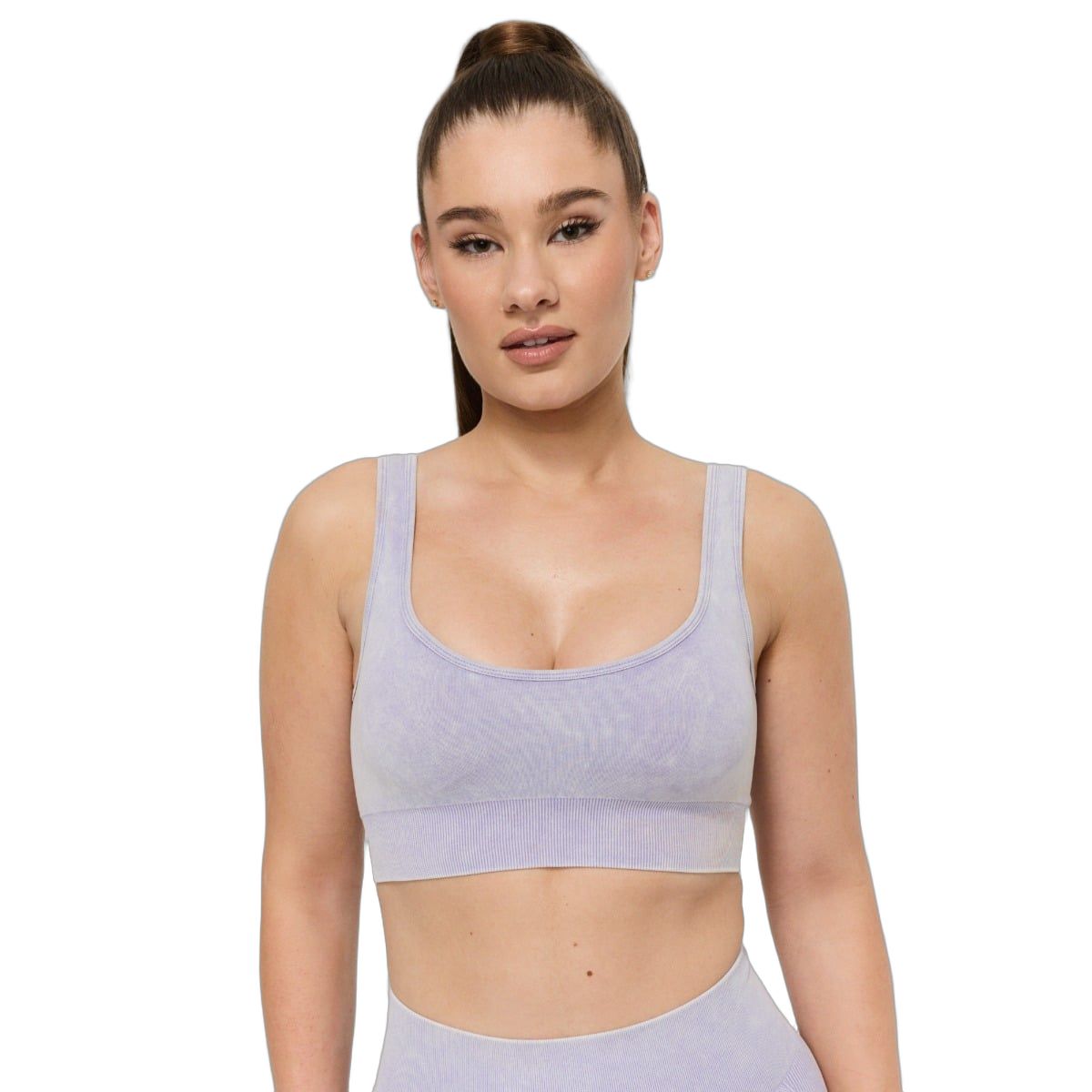 Nahtloser Sport-BH in Violett mit breiten Trägern und U-Ausschnitt, vorne.