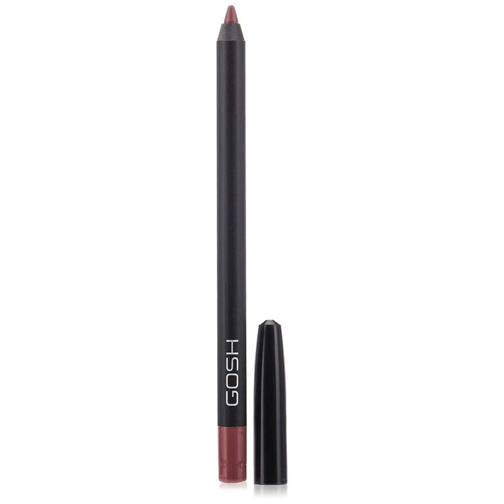 Lippenstiftstift, dunkelbraun, mit rosafarbenem Ende und schwarzer Kappe. GOSH Lipliner Schriftzug. Auf weißem Hintergrund.