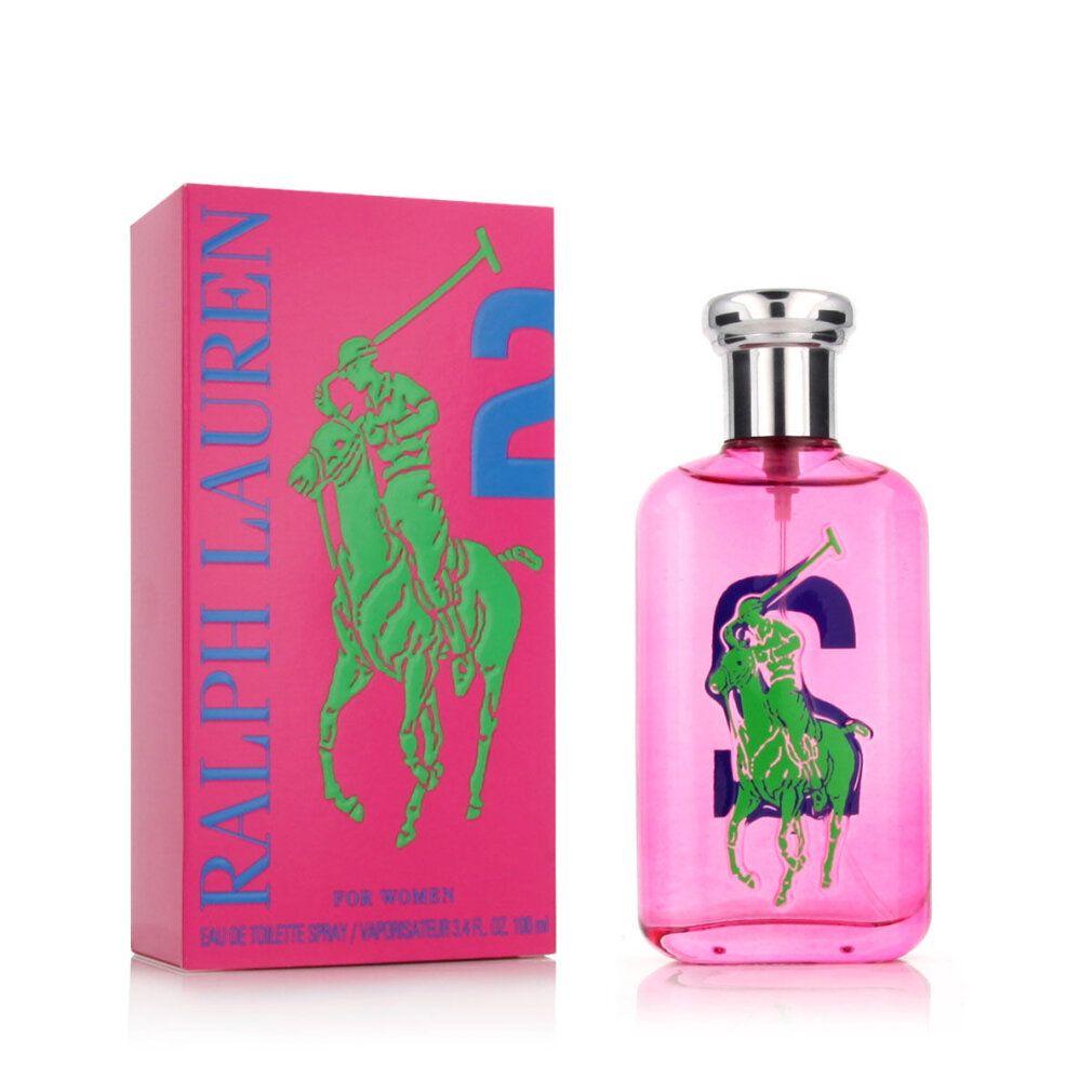 Rosa Flakon und pinkfarbene Verpackung. Grünes Reiter-Logo und blaue "2". Silberner Verschluss.