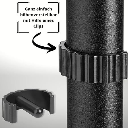 Nahaufnahme eines schwarzen Verbindungsstücks einer Gehhilfe. Ein Clip wird gezeigt, um die Höhe einzustellen.