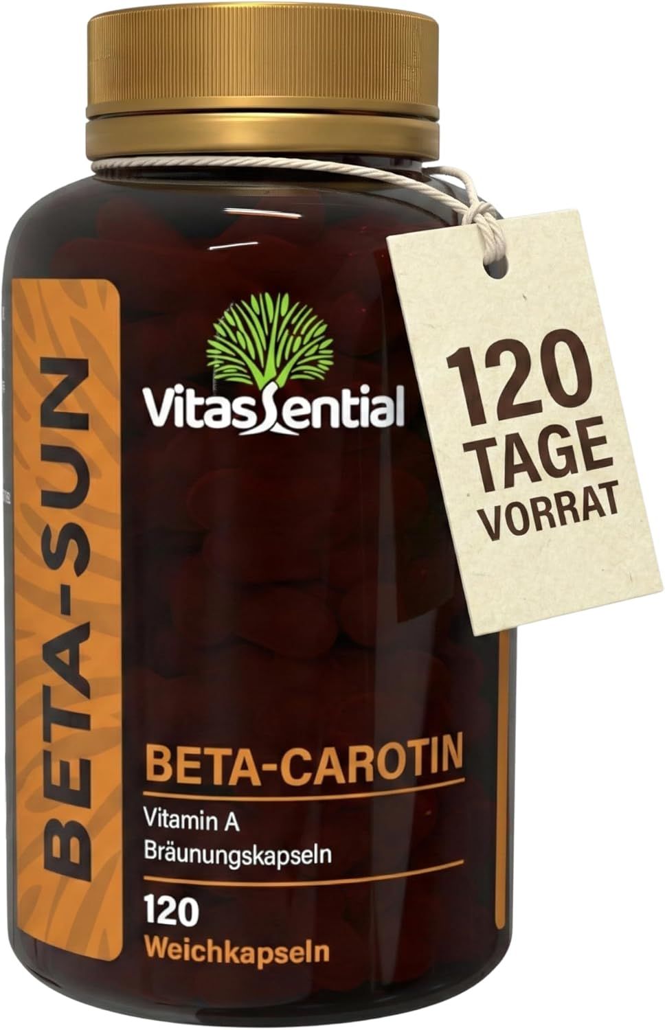 Braune Flasche mit Vitassential Beta-Carotin Kapseln. Etikett mit Produktname, 120 Tage Vorrat. Anhänger.
