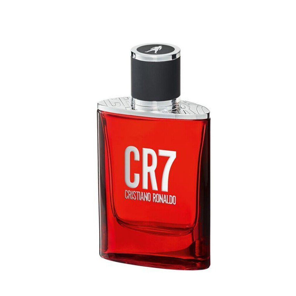 Rotes CR7 Eau de Toilette Spray. Schwarzer Verschluss, silberne Details. Quadratische Form mit abgerundeten Ecken.