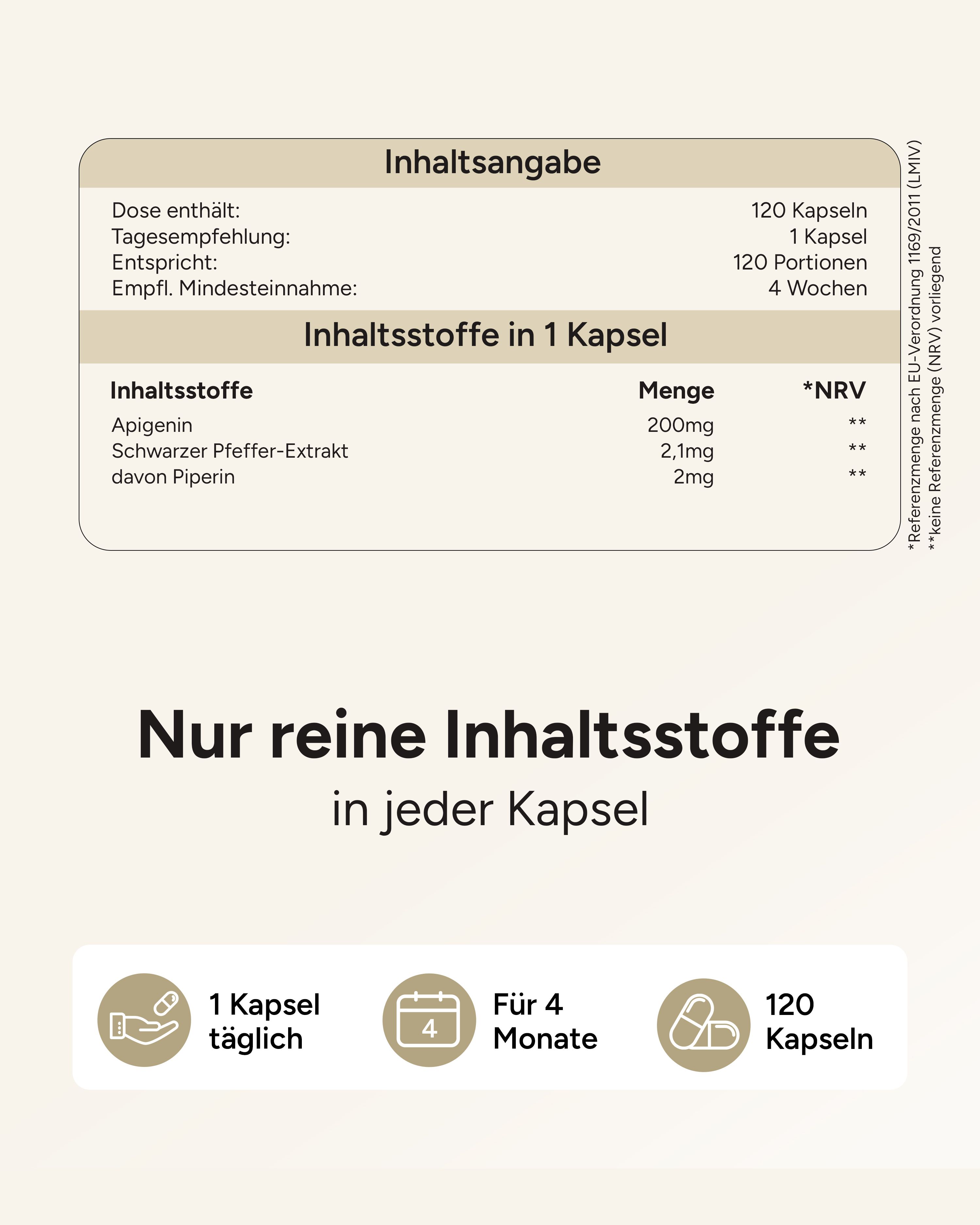 Nährwerttabelle. 1 Kapsel täglich, für 4 Monate, 120 Kapseln. Enthält Apigenin, Schwarzer Pfeffer-Extrakt, Piperin.