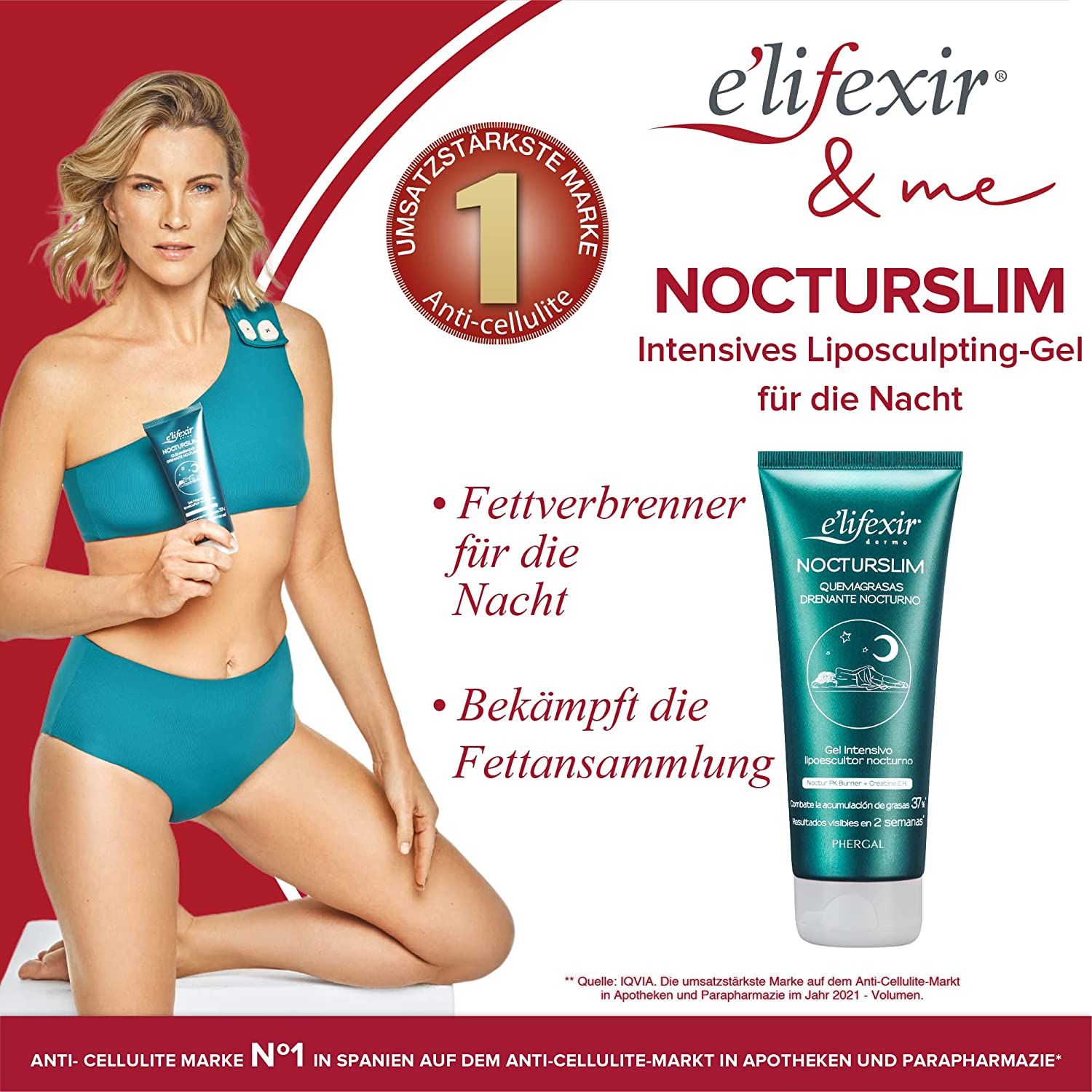 Frau in türkisfarbener Badebekleidung hält eine grüne Tube. Text: Elifexir & me, Nocturslim, Intensives Liposculpting-Gel für die Nacht. Auszeichnung.
