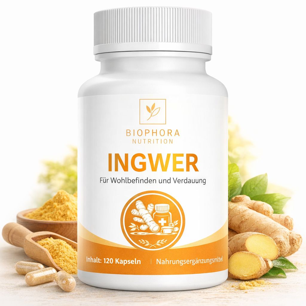 Weiße Flasche mit Ingwer-Kapseln. Aufschrift: Biophora Nutrition, Ingwer. Abbildung von Ingwerwurzeln und Kapseln. Inhalt: 120 Kapseln.