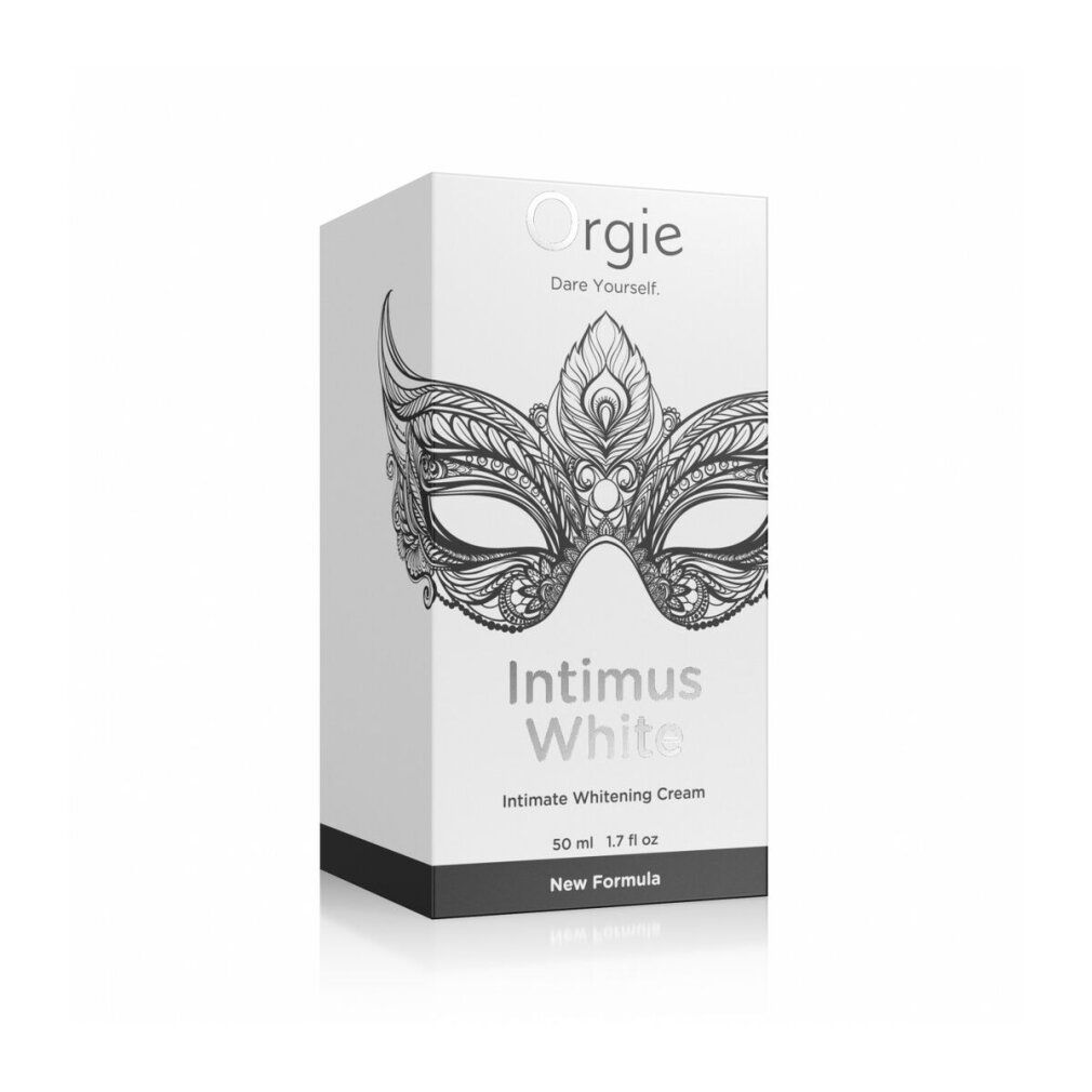 Orgie Intimus White Creme-Verpackung. Weißer Karton mit Masken-Design. Text: Intimus White, 50 ml.